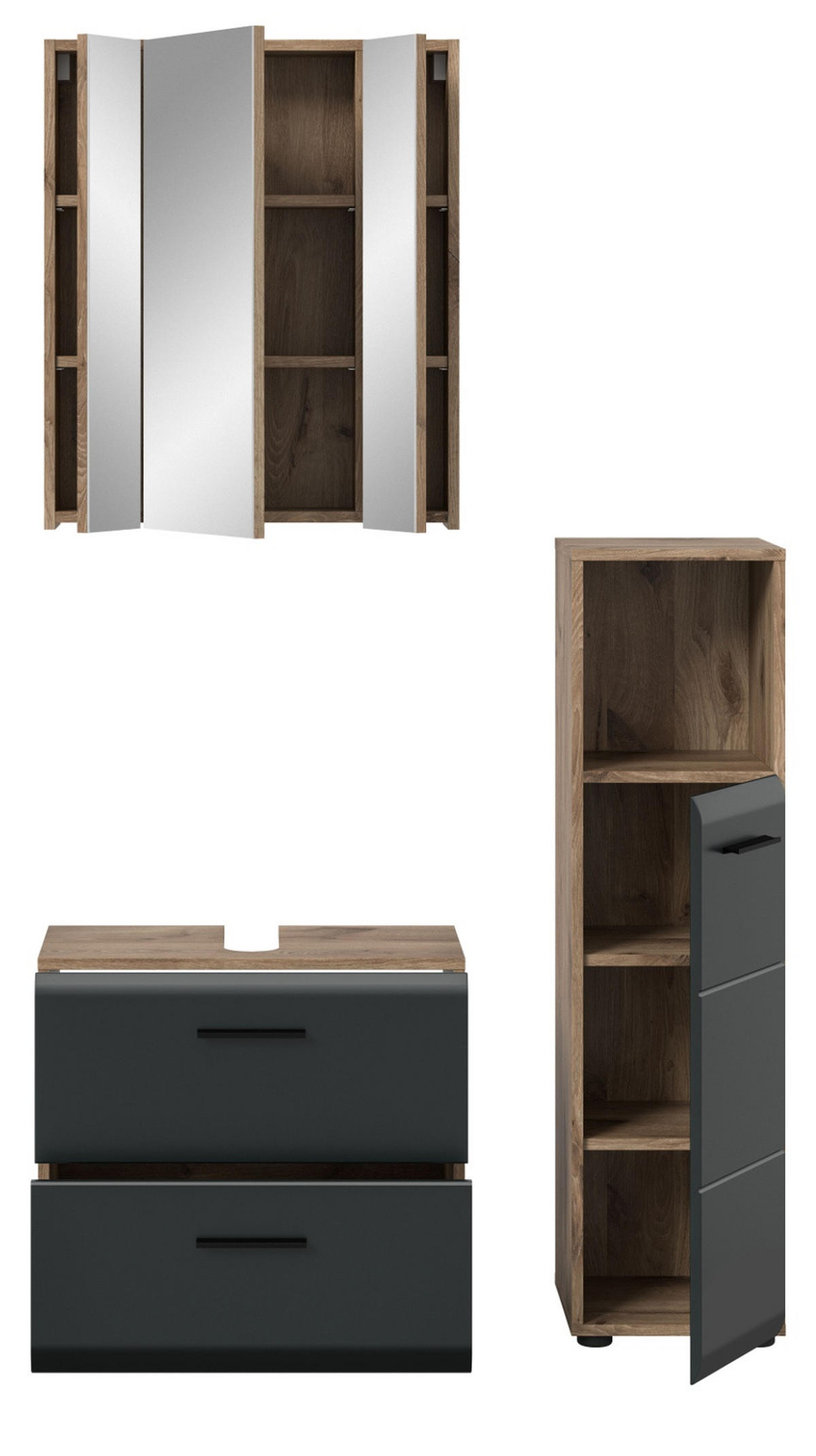 BADMÖBEL-SET 3-teilig schwarz matt, Nox Eiche, Badkombination 105 x 185 cm - Eichefarben/Schwarz, Glas/Holzwerkstoff (105/185/30cm) - Inn.Furn