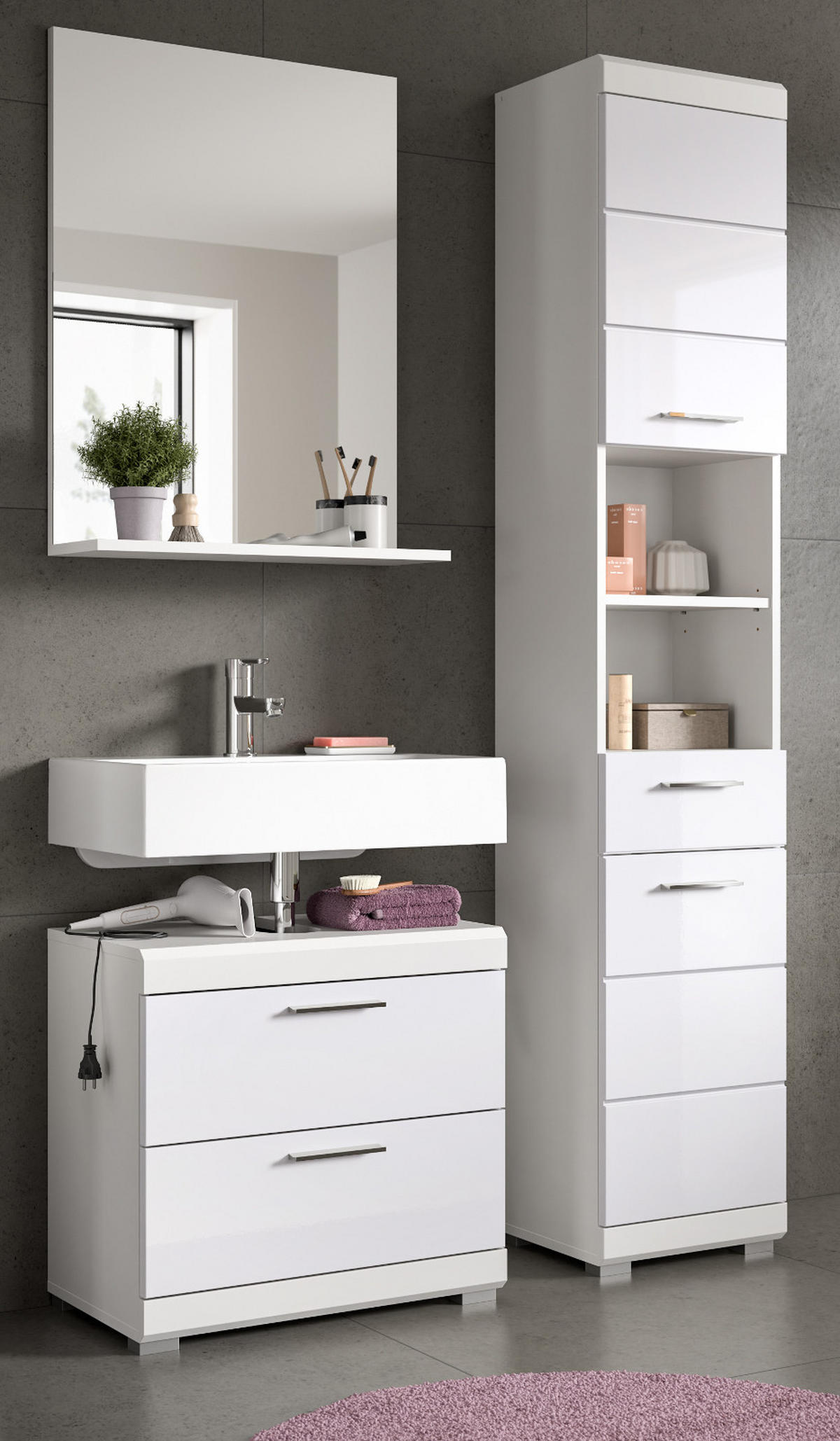 BADMÖBEL-SET weiß Hochglanz 3-teilig 112 cm, Komplettset mit viel Stauraum - Weiß Hochglanz, Glas/Holzwerkstoff (112/191/37cm) - Inn.Furn