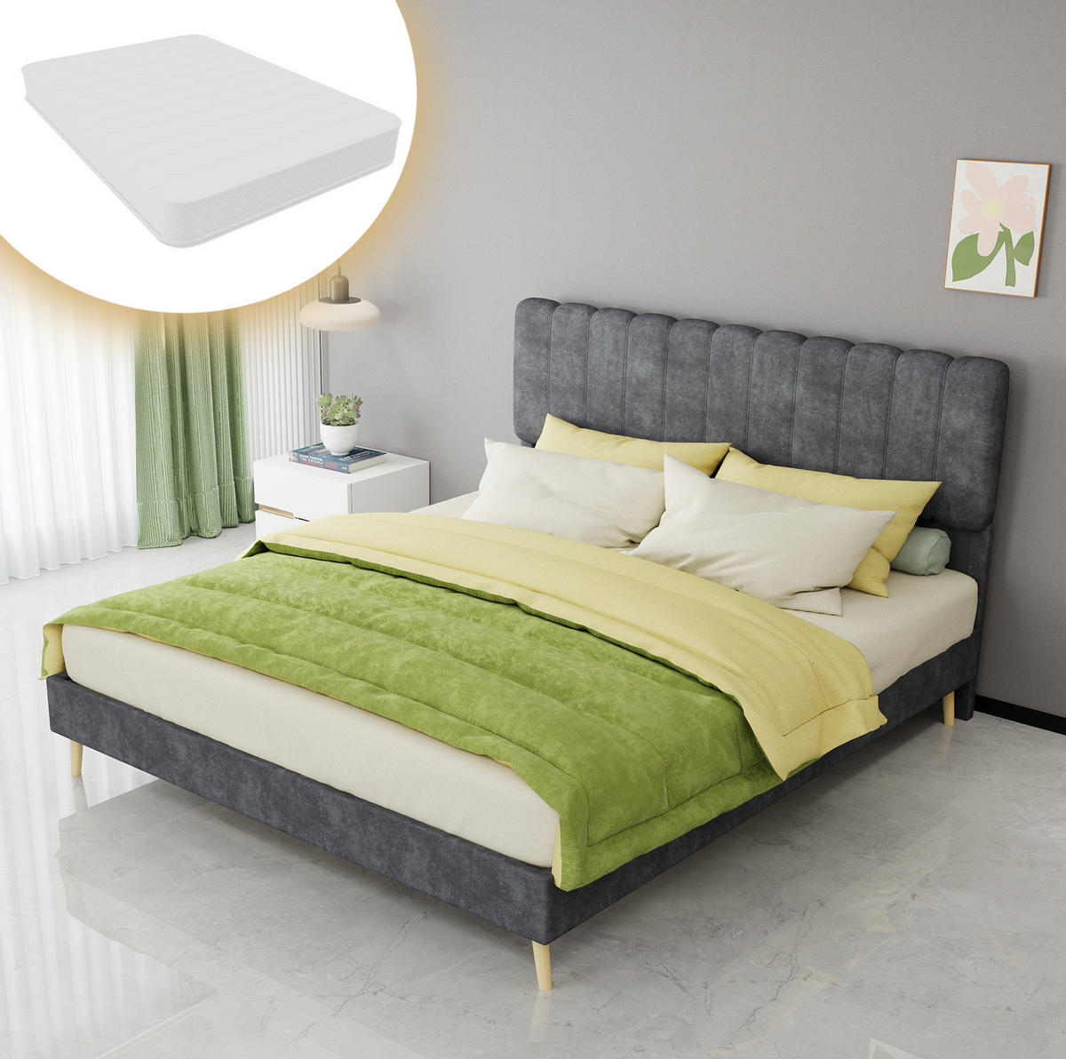 POLSTERBETT 160/200 cm mit hohem Kopfteil und Matratze, Samtoptik Metall/Holz, Grau - Grau, Textil (160/200cm) - Redom