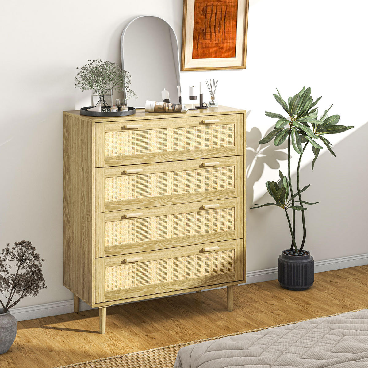 KOMOODE DE-12836 4 Schubladen mit Rattan Hellholz - Naturfarben, Holzwerkstoff (90/108.5/45cm) - ComfortXL