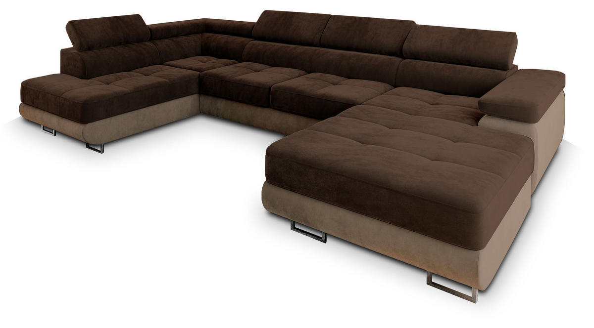 WOHNLANDSCHAFT CASONE L-S Braun Velours-Stoff mit Schlaffunktion - Braun, Holz (345/90/202cm) - MASSENO