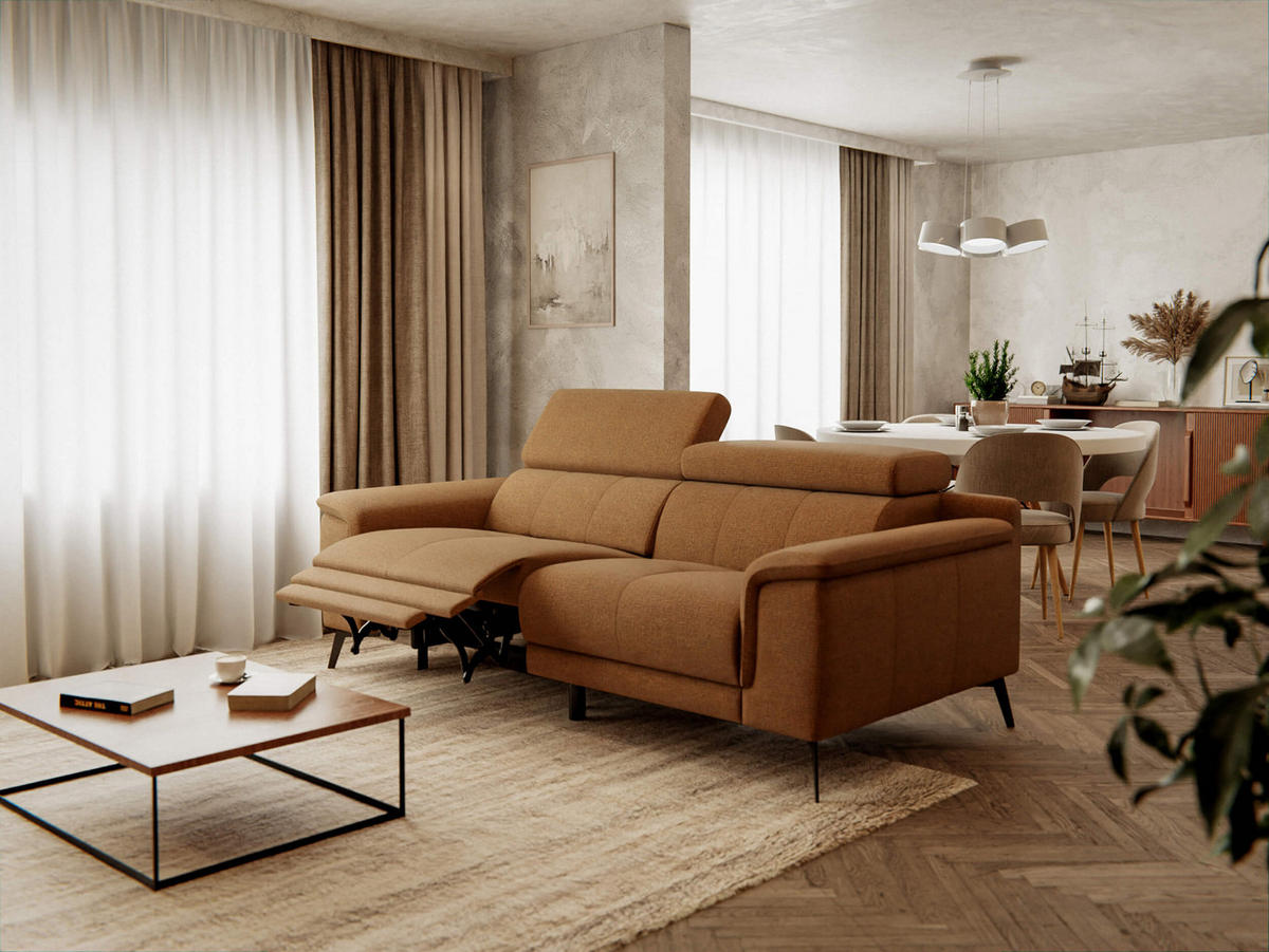 RELAXSOFA FIERO 3-Sitzer mit 1 Relaxfunktion, orange - Schwarz/Orange, Holzwerkstoff/Textil (212/82/103cm) - Courtois Laville