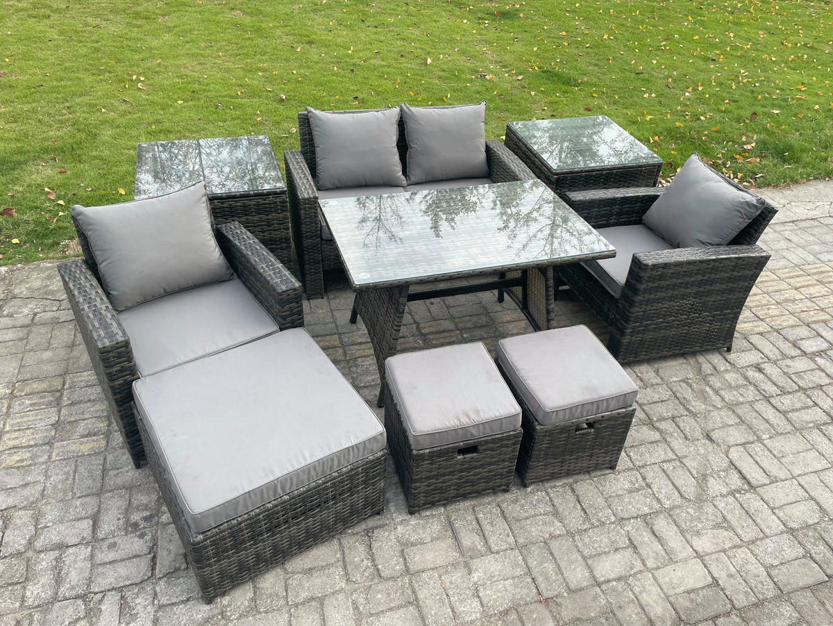 GARTENMÖBELSET mit ESSTISCH,HOCHLEHNER-SOFA Polyrattan Dunkelgrauer Mix 7-Sitzer - Dunkelgrau/Grau, Glas/Kunststoff - Fimous