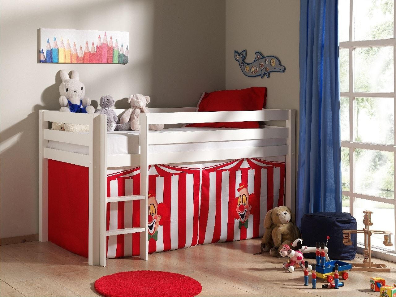 KINDERBETT Karolina 210x114x106 Massivholz Weiß Textilset Zirkus - Rot/Weiß, Holz (90/200cm) - 58aufmkessel
