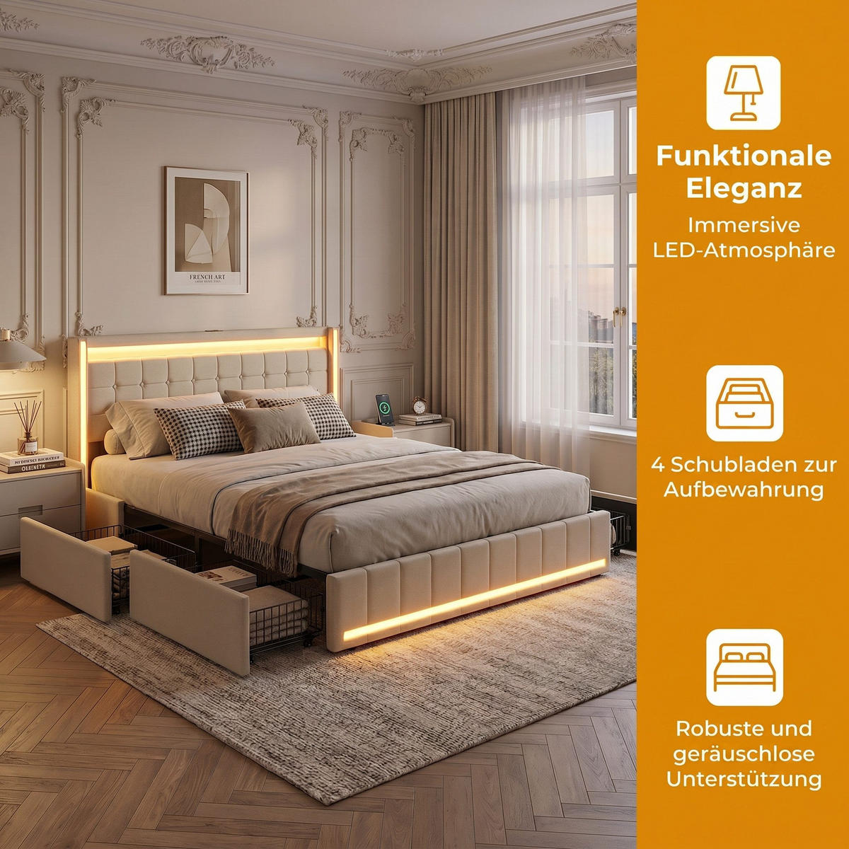 MANŽELSKÁ POSTEĽ 180/200 cm béžová ľanová s LED, USB, 4 zásuvkami - béžová, drevo - SHOPENTRA