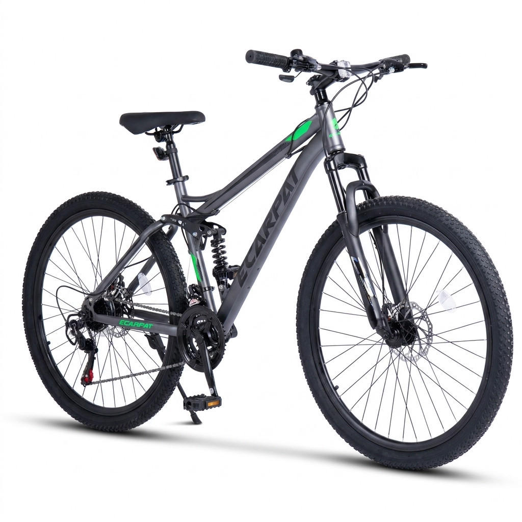 MOUNTAINBIKE 26 Zoll Schwarz + Grün, 21-Gang-Schaltung, Doppel-Scheibenbremsen, Carbonstahl - Grau, Metall (20cm) - Oxeza
