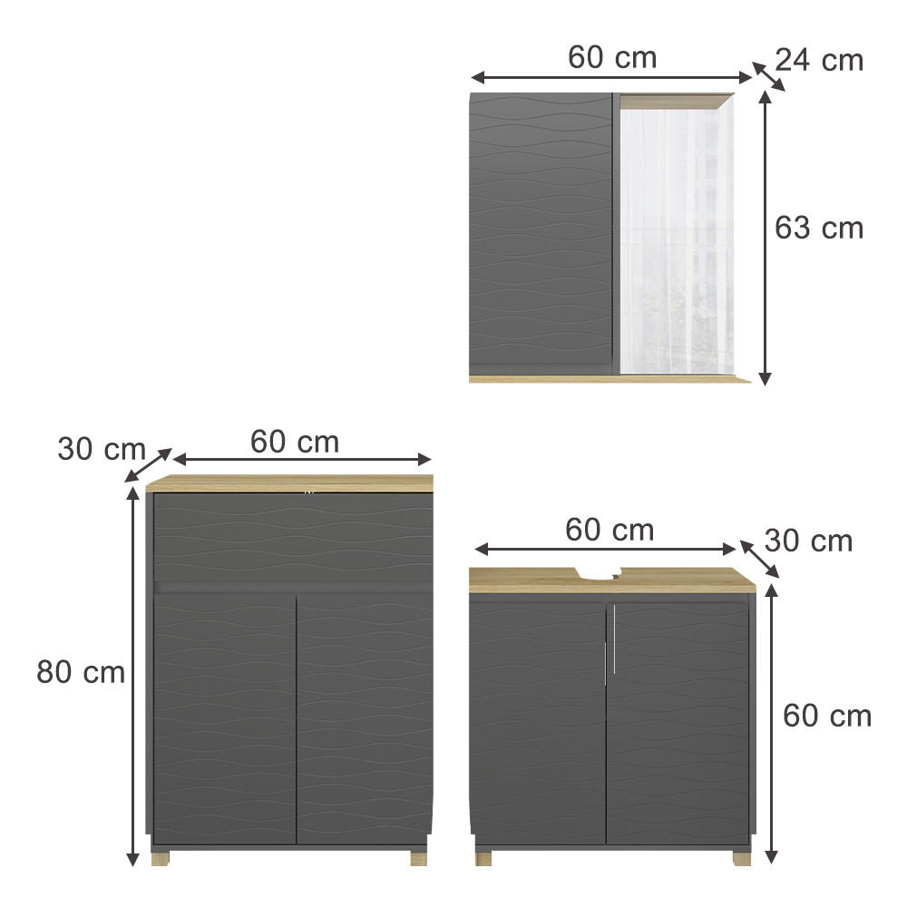 BADMÖBEL-SET Livia Anthrazit/Eiche 3 Teile, mit Badregal - Eichefarben/Anthrazit, Holzwerkstoff (60/60/30cm) - Vicco