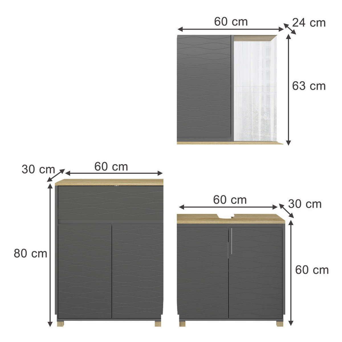 BADMÖBEL-SET Livia Anthrazit/Eiche 3 Teile, mit Badregal - Eichefarben/Anthrazit, Holzwerkstoff (60/60/30cm) - Vicco
