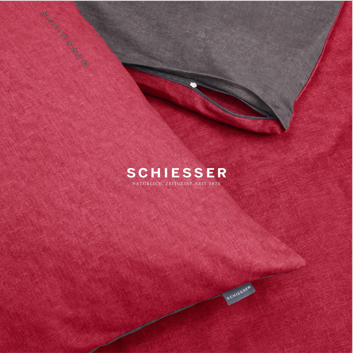 BETTWÄSCHESET Doubleface - Feinbiber - 2-teilig - 155 x 220 cm - Rot-Dunkelgrau - Dunkelgrau, Textil (155/220cm) - SCHIESSER