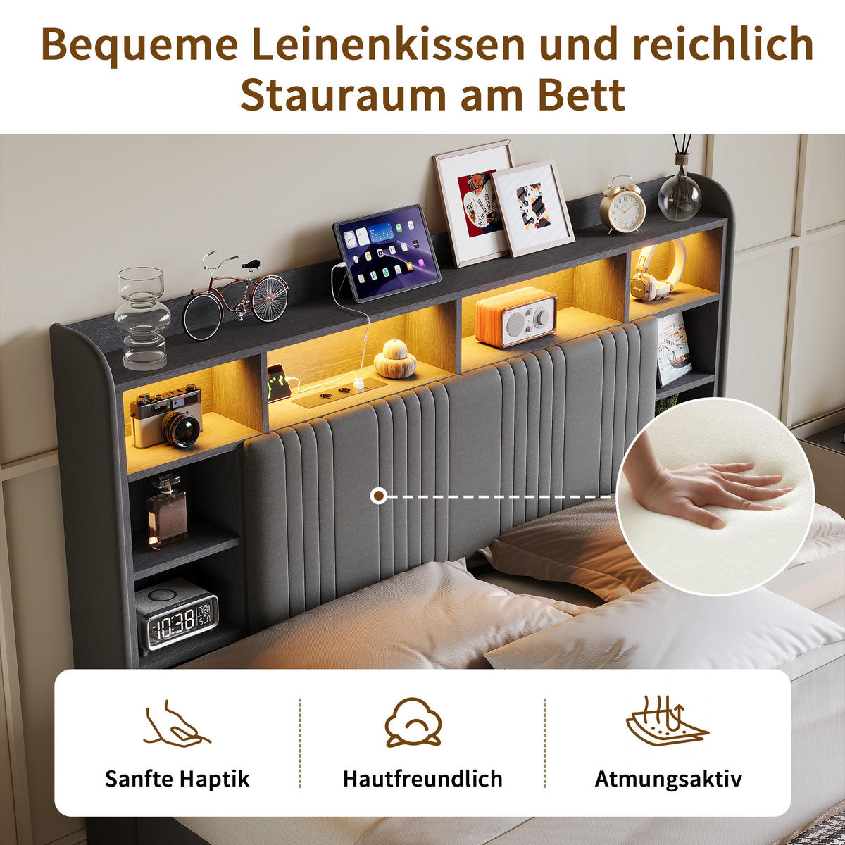 POLSTERBETT 140/200 cm Grau mit 4 Schubladen, LED-Kopfteil mit Ablage und USB - Grau, Metall (140/200cm) - EuroLiving