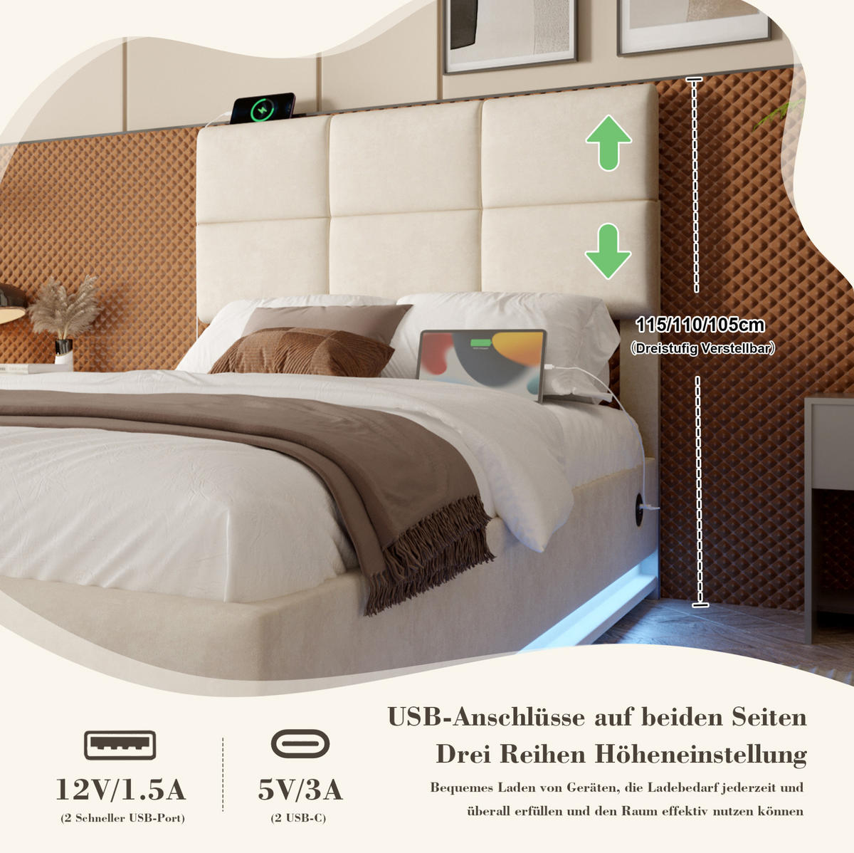 POLSTERBETT 90/200 cm mit LED-Beleuchtung, USB-Anschlüssen, hydraulischem Stauraum und verstellbarem Kopfteil, Beige - Beige, Textil (90/200cm) - Redom