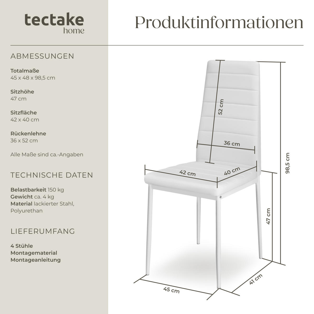 ESSZIMMERSTUHL 4er Set Thomas 41 x 45 x 98 5 cm weiß - Weiß, Textil (48/98.5/45cm) - tectake