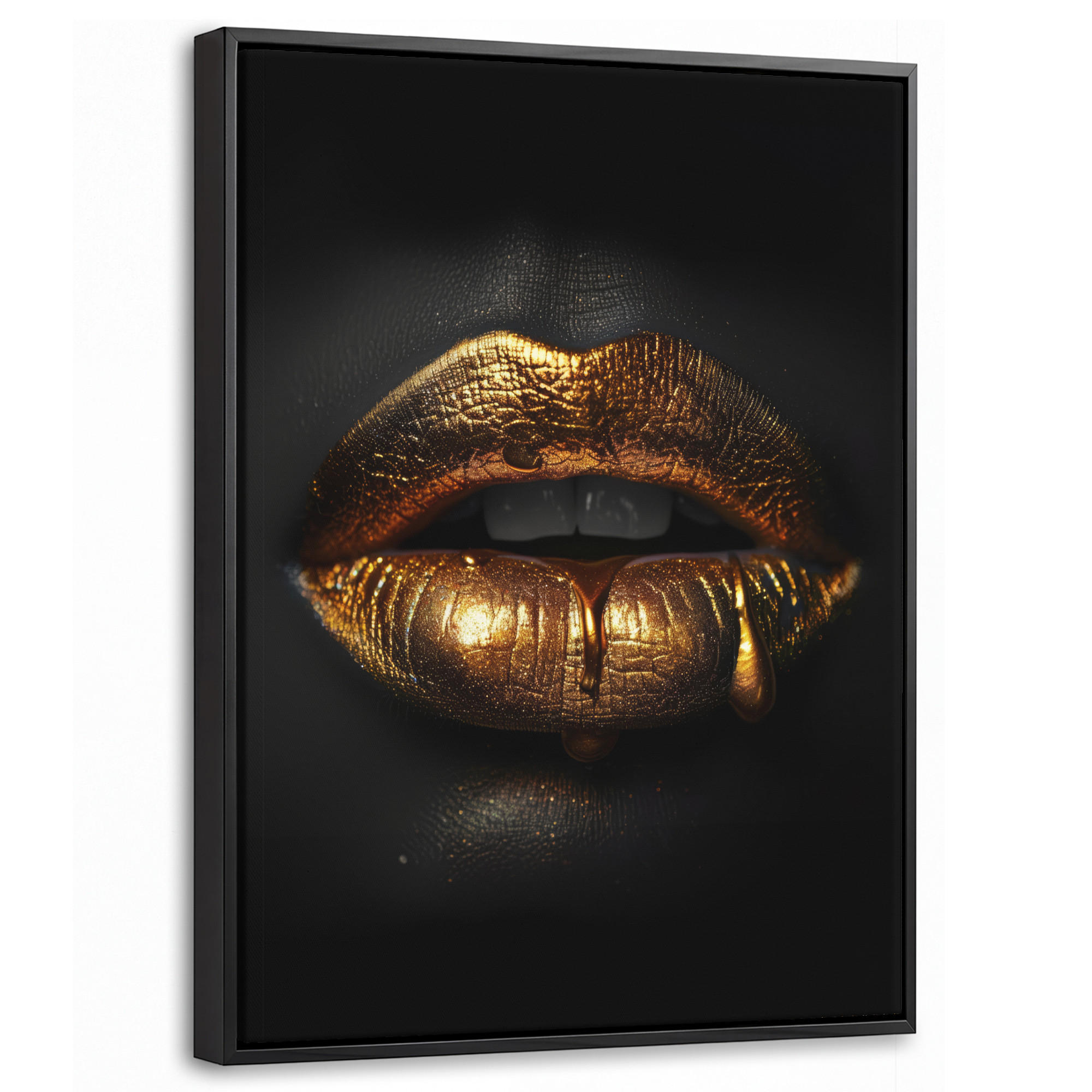 LEINWAND Bilder mit Rahmen - Frau - Porträt - Lippen - Gold - Schwarz - 30x40 - Schwarz, Textil (30/40cm) - MuchoWow