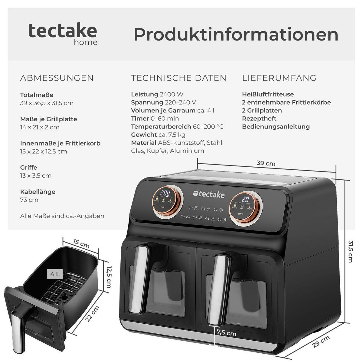 HEISSLUFTFRITTEUSE Samurai, 37,5 x 39 x 31,5 cm, inklusive Rezeptheft, schwarz - Schwarz, Kunststoff (37.5/31.5/39cm) - tectake