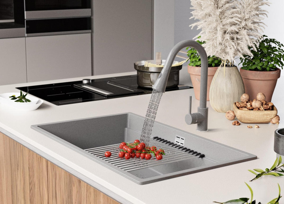 SPÜLBECKEN Praga Slim, 2-er set Grau 76/47 cm 1 Becken + Ablauf-Set + Aufrollbare Abtropffläche ab 80er Unterschrank - Chromfarben/Grau, Kunststoff (76/20/47cm) - Primagran