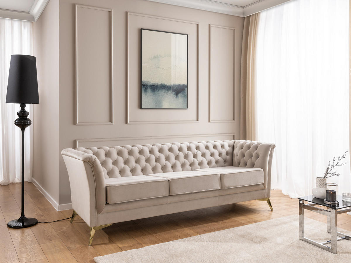 CHESTERFIELD-SOFA 3-sitzer Whitby Beige Samt mit goldenen Füßen - Beige/Goldfarben, Holz/Textil (237/78/82cm) - S-Style Möbel