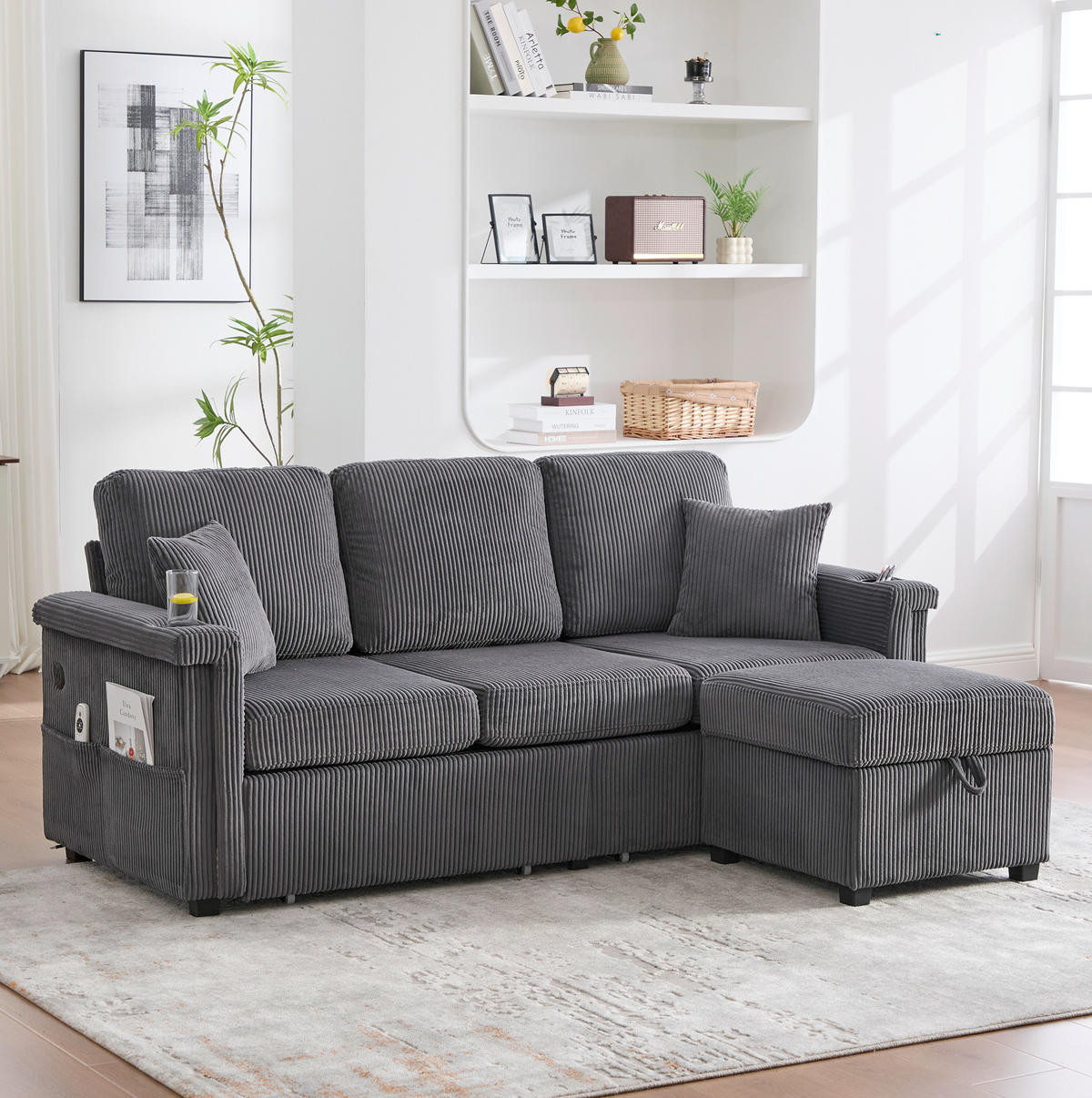 SOFA Corduroy mit LED und USB-Anschluss Stauraum 194/73/81 cm Dunkelgrau - Dunkelgrau, Textil (73/194cm) - Redom