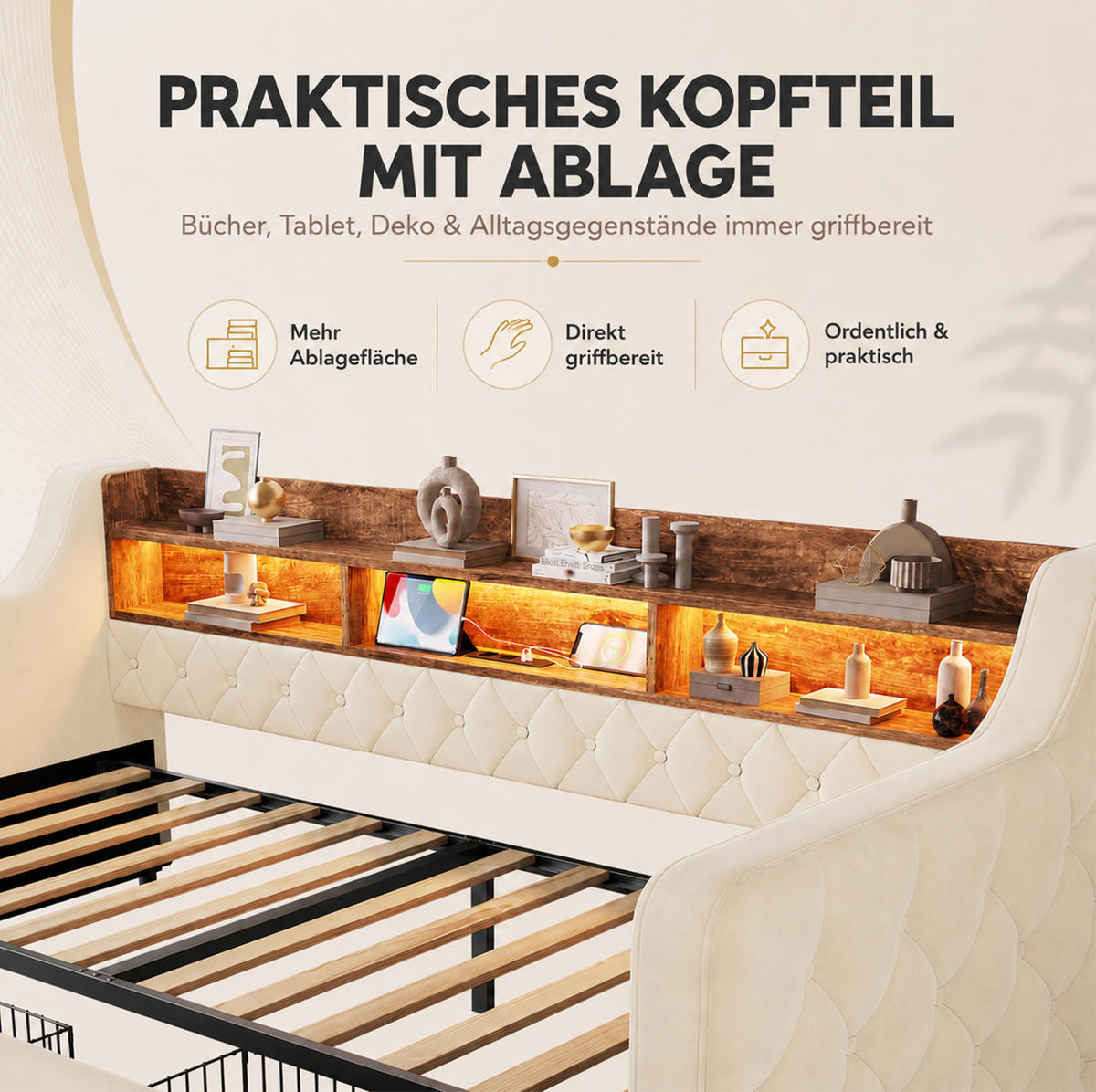 POLSTERBETT aus Velvet 90x190 cm Beige mit LED-Beleuchtung, Ladefunktion und 2 Schubladen - Beige, Textil (90/190cm) - Modfu