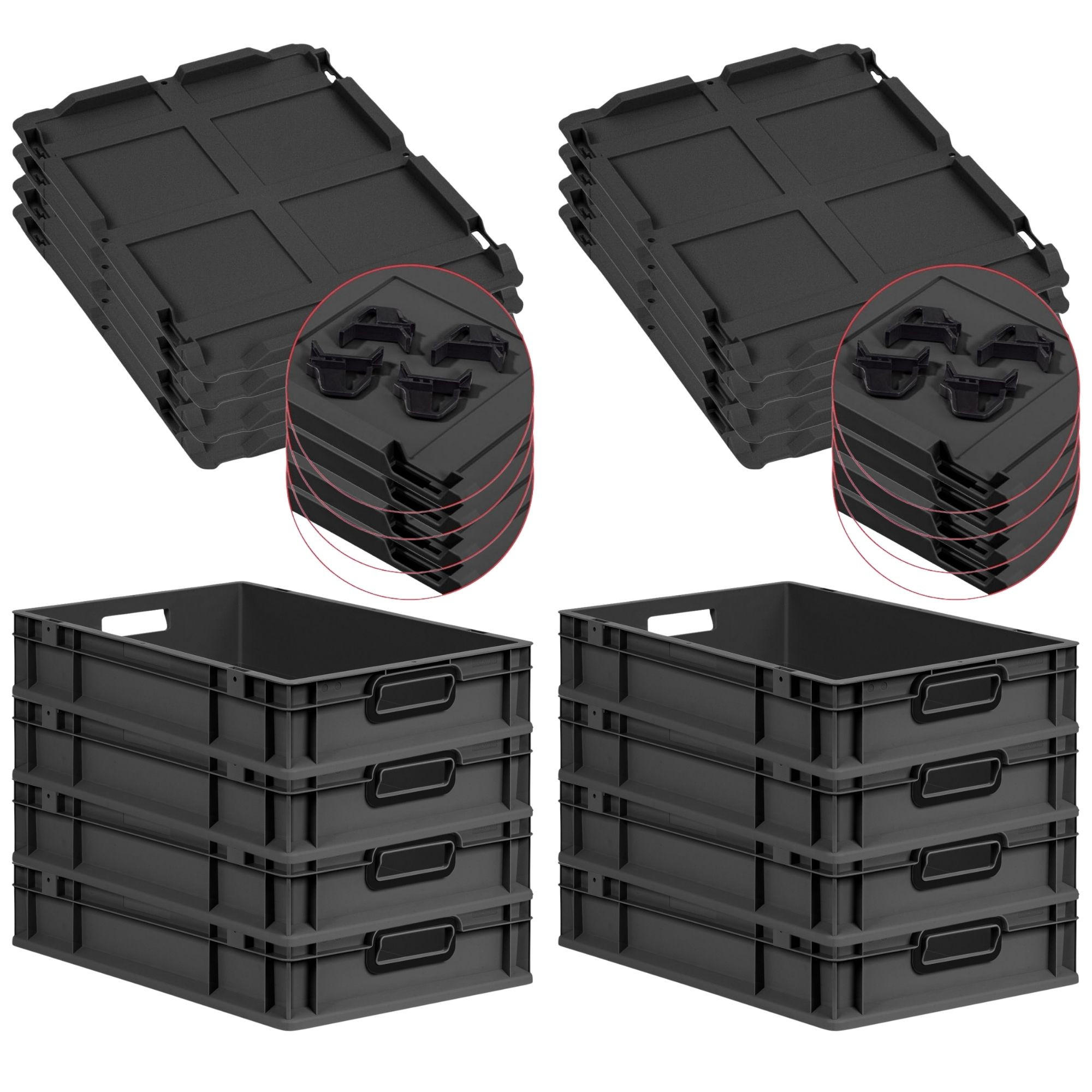 EUROBOX 8x NextGen Color mit Auflagedeckel 12x40x60 cm 23 Liter Schwarz Griffe schwarz offen - Anthrazit/Schwarz, Kunststoff (40/12/60cm) - PROREGAL