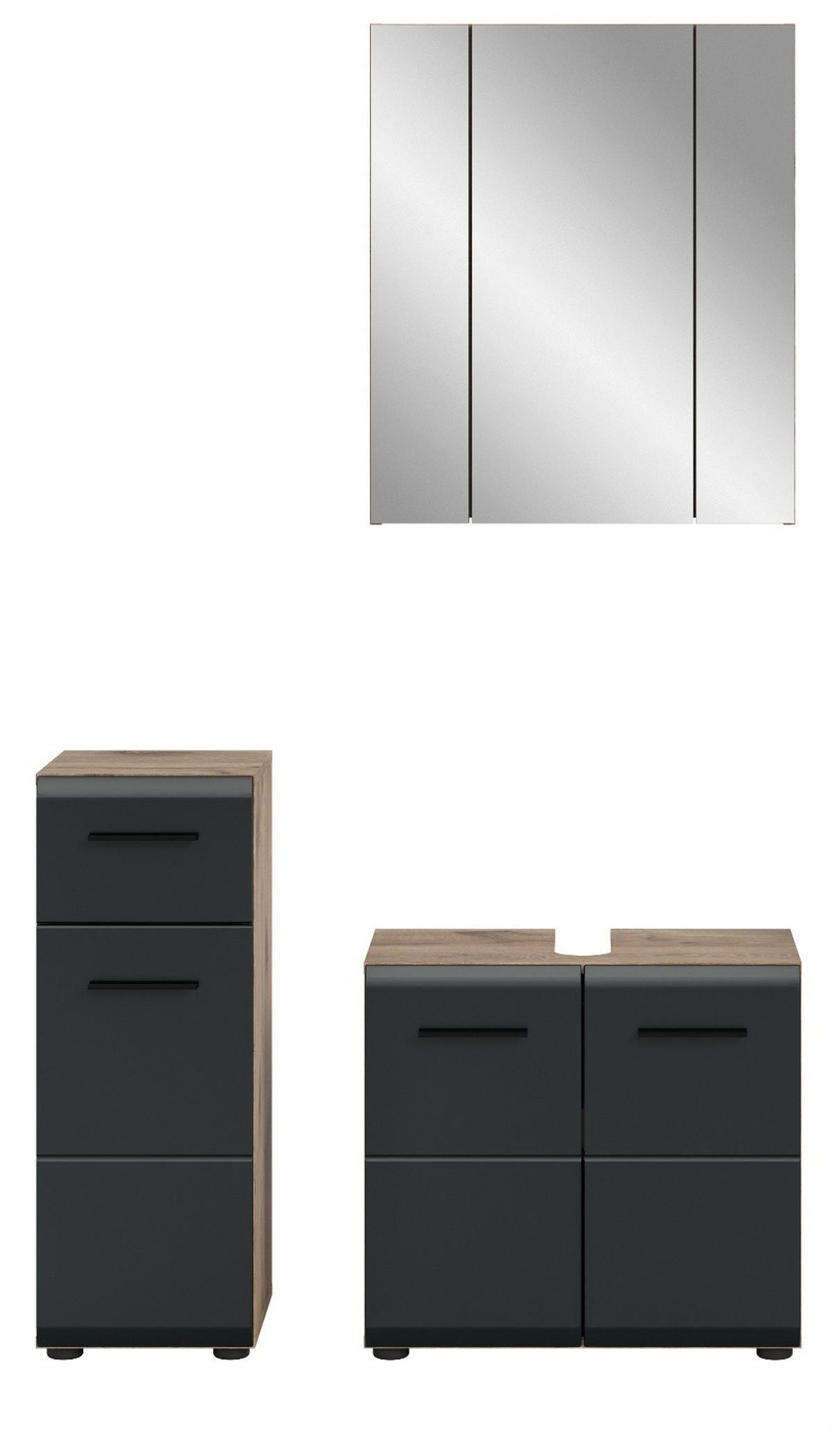 BADMÖBEL Set 3-teilig in schwarz matt und Nox Eiche Badkombination 105 x 185 cm Cover - Eichefarben/Schwarz, Glas/Holzwerkstoff (105/185/30cm) - Inn.Furn