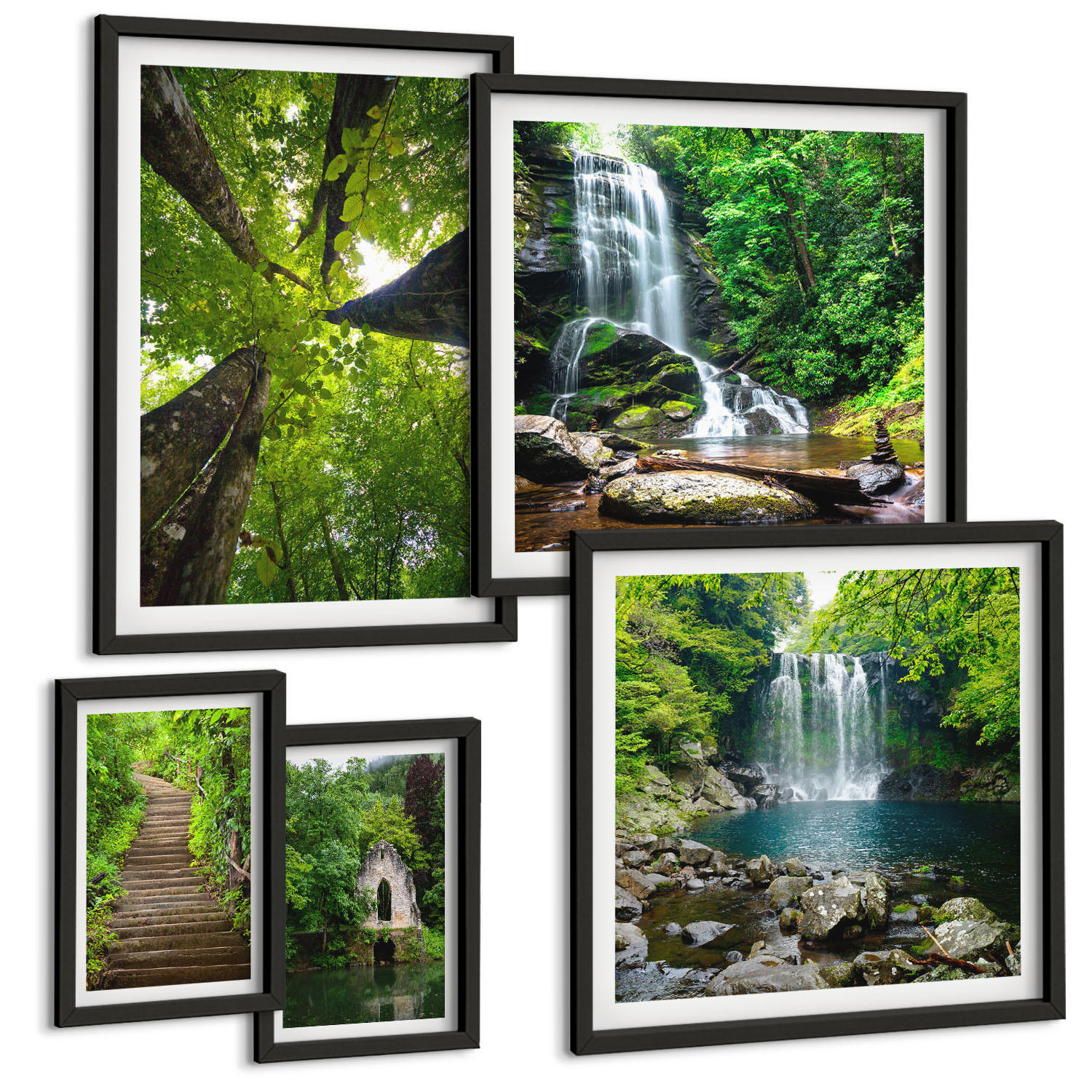 BILDER SET 5er Set - 50x50 cm & 20x30 cm & 40x60 cm Schwarzer Rahmen - Denkmäler Europas in warmen Farben - Schwarz, Kunststoff (40/60cm) - TULUP