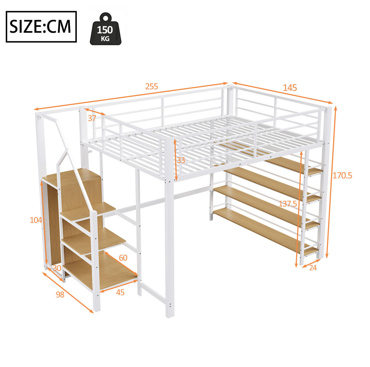 VYSOKÁ posteľ 140/200 cm biela z kovu s úložnými schodmi a malou skriňou - biela, kompozitné drevo (140/200cm) - OKWISH