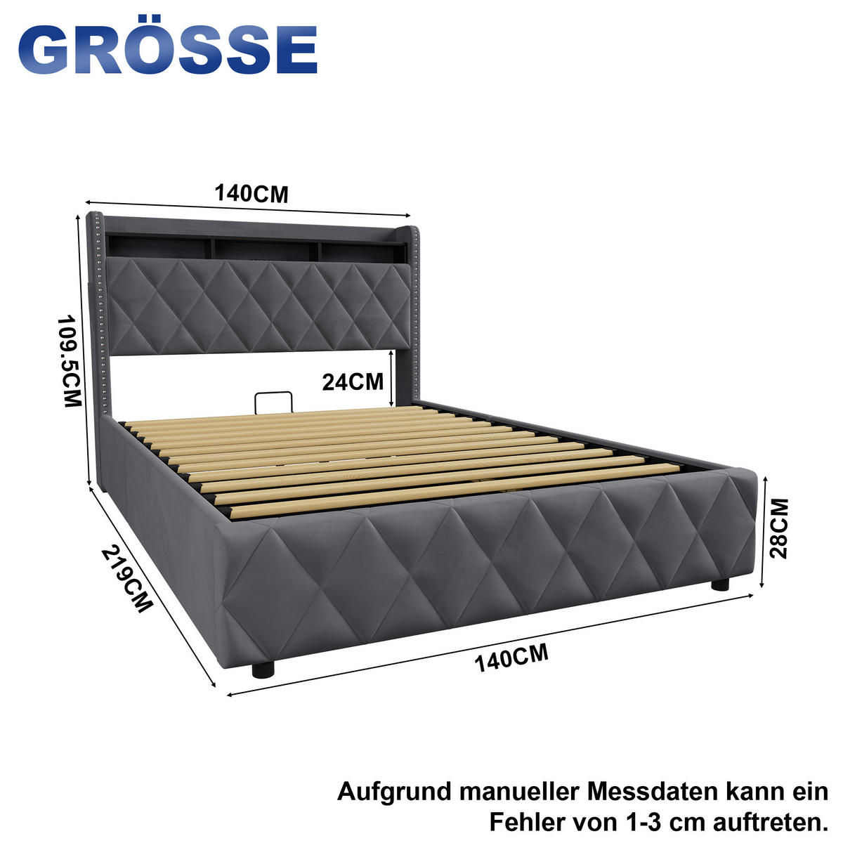 POLSTERBETT 140×200 mit LED-Beleuchtung, Bettkasten und Matratze - Grau, Holzwerkstoff/Textil (140/200cm) - EVRYAE