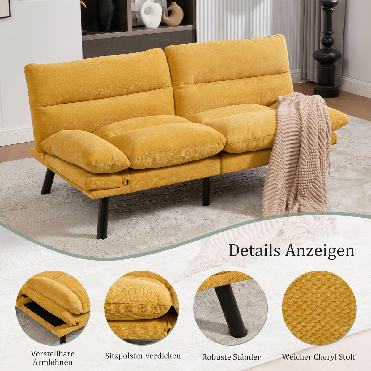 2-SITZER Schlafsofa Chenille mit verstellbarer Rückenlehne Senfgelb 165/90/76 cm - Gelb, Textil (90/76/165cm) - Redom