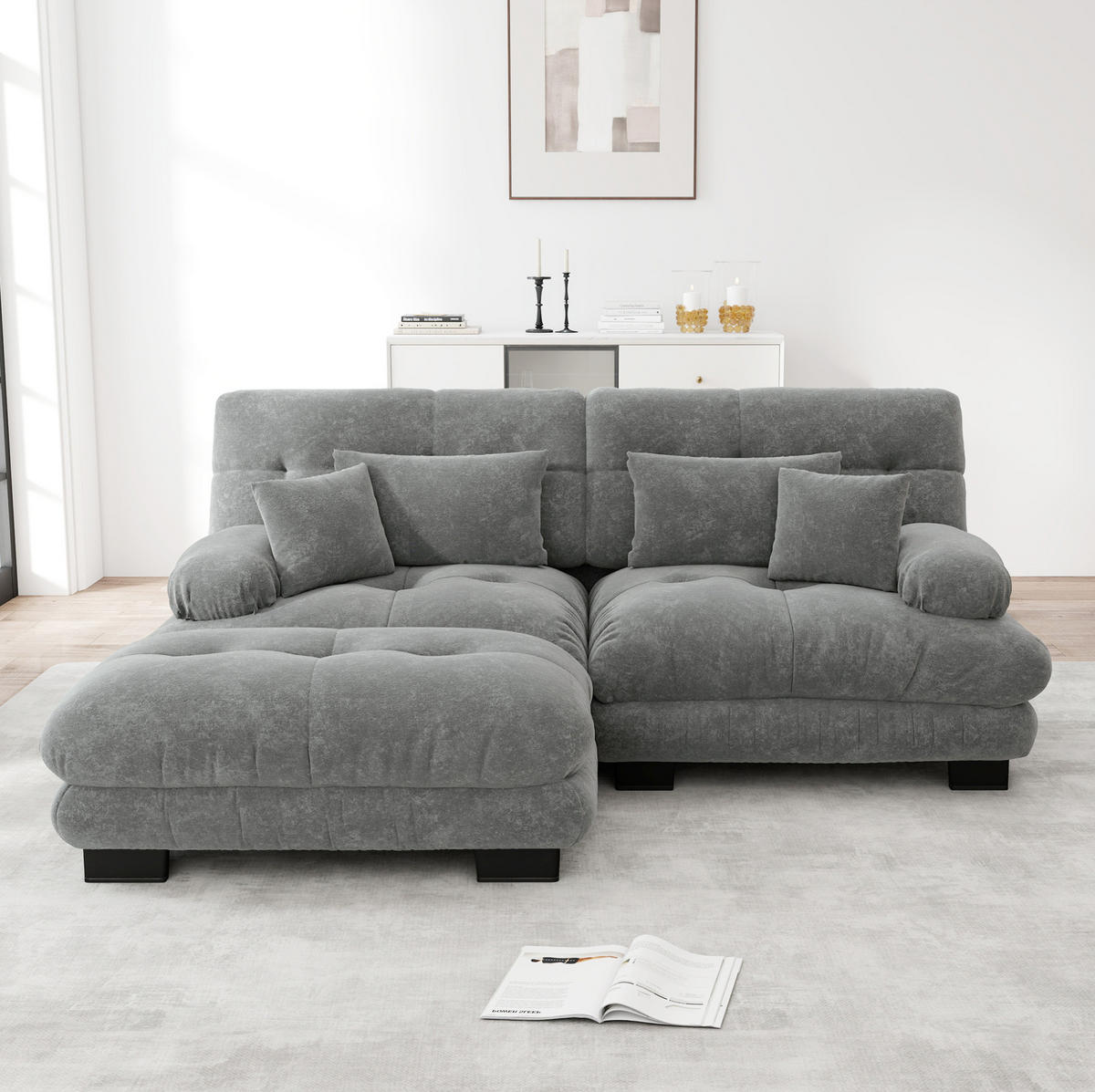 ECKSOFA 220/145/81 cm in Grau aus Chenille mit Ottomans und Cloud-Komfort - Grau, Textil (145/220cm) - Flora Grace