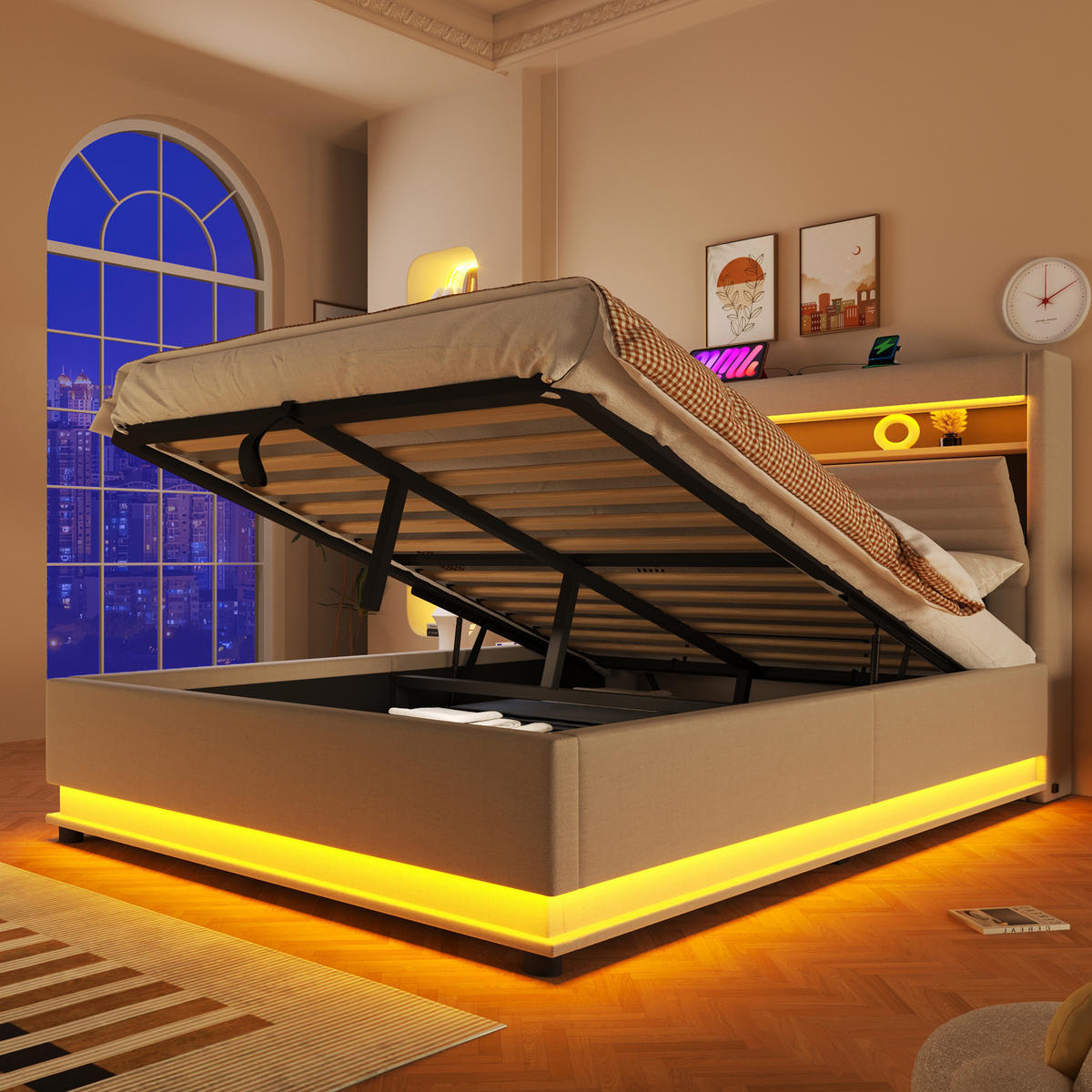 POLSTERBETT mit Stauraum 140x200 cm Leinen Beige mit LED und USB - Beige, Metall (140/200cm) - Meubliv