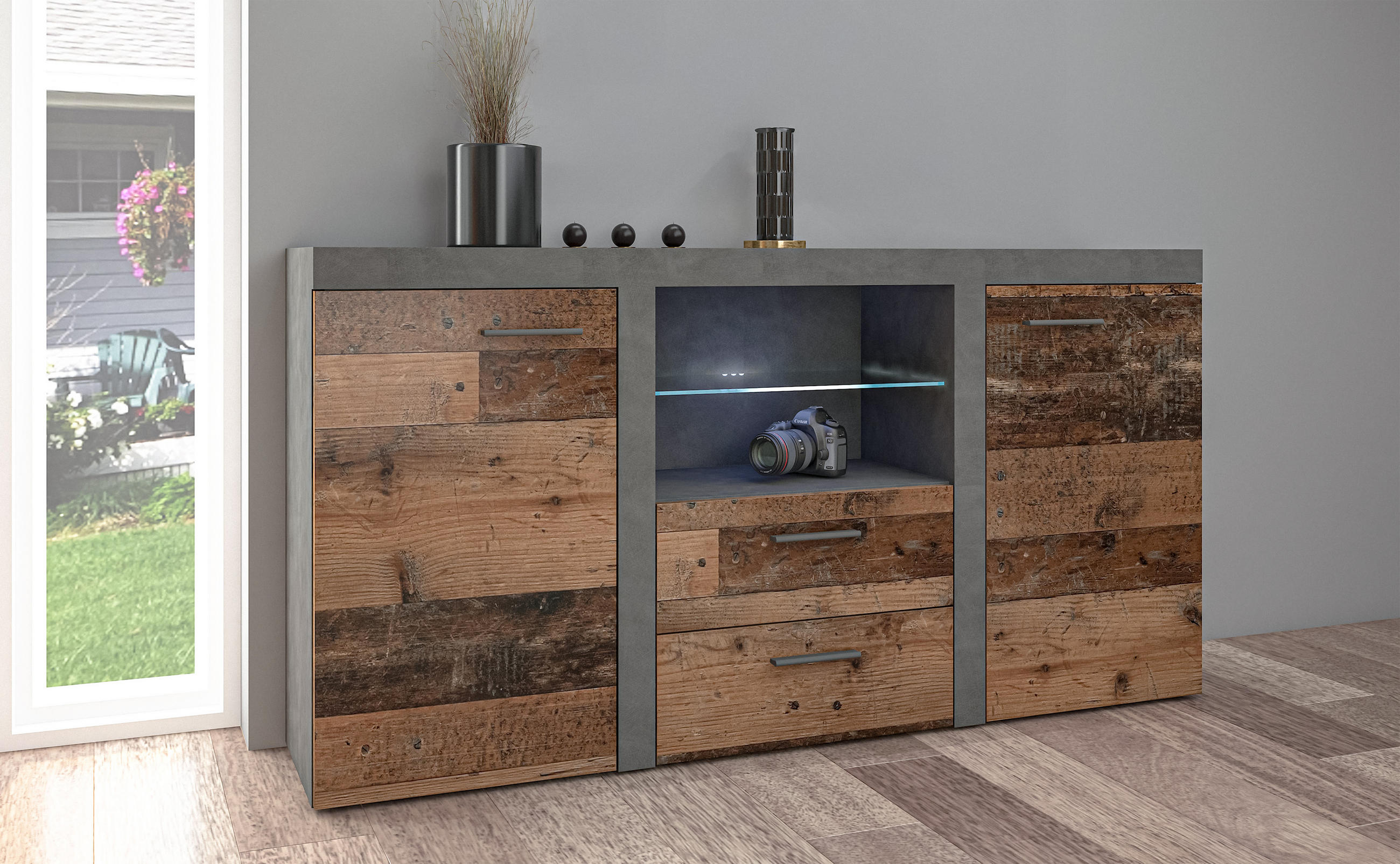 SIDEBOARD Spacoro 2F2S Matera, Old Style 156,4/82/40,3 cm – Schubladenschrank Kommode - Dunkelgrau/Bronzefarben, Holzwerkstoff/Kunststoff (156/82/40cm) - AX Living