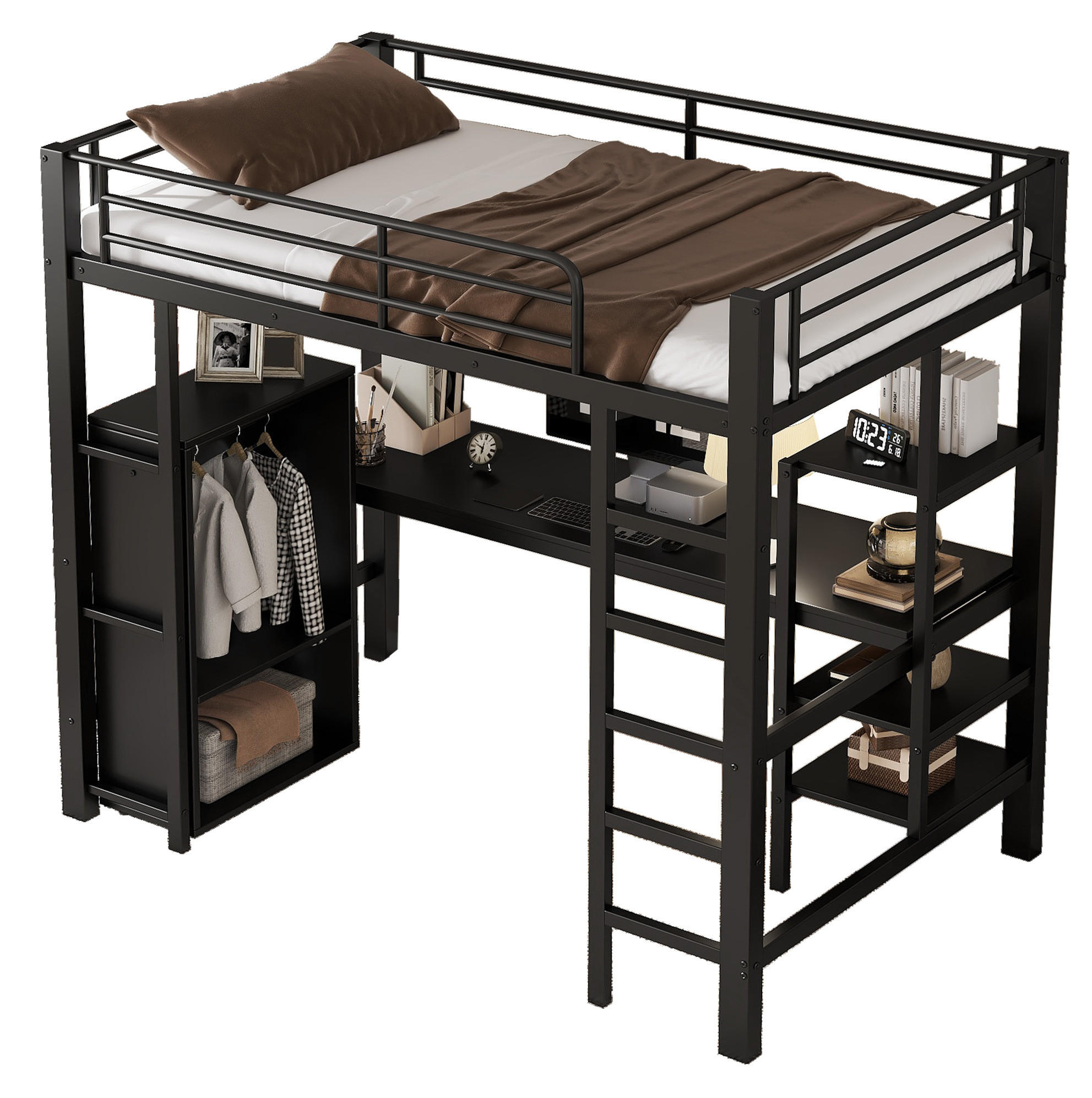 ETAGENBETT 90/200 cm mit Schreibtisch, Kleiderschrank und Regal aus Metall und MDF, Schwarz - Schwarz, Metall (90/200cm) - Redom