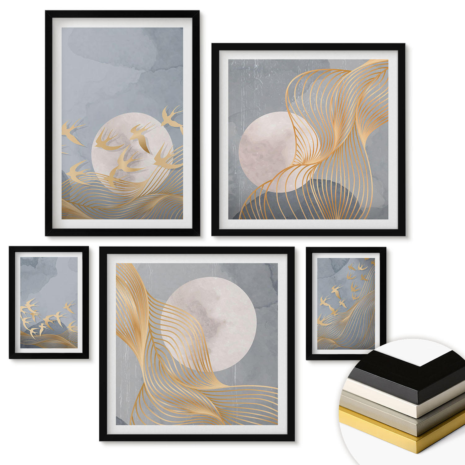 WANDBILDER 5er-Set - 50x50 cm & 20x30 cm & 40x60 cm Schwarzer Rahmen - Weiße Pferde - Schwarz, Kunststoff (40/60cm) - ArtPrintCave