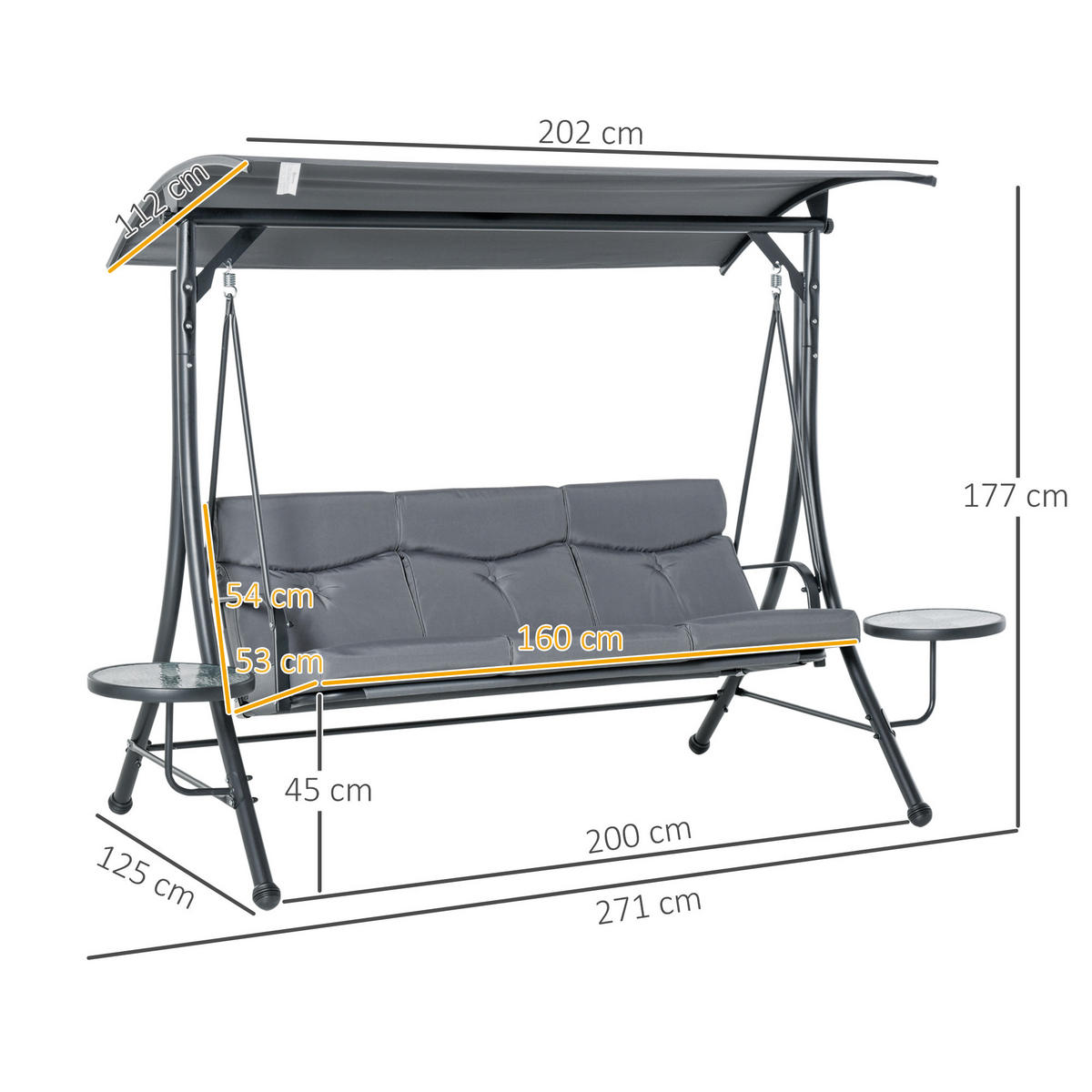 HOLLYWOODSCHAUKEL 3 Sitzer Tisch grau schwarz - Grau, Metall (271/177/125cm) - LEBENLANG