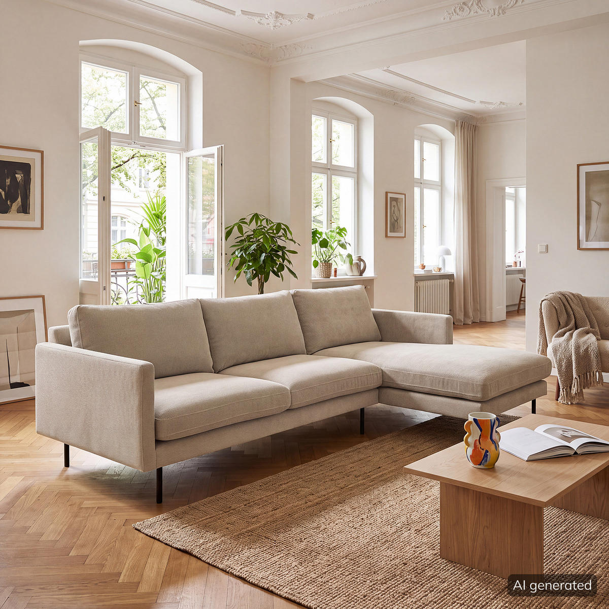 ECKSOFA mit Longchair - Beige/Schwarz, Textil/Metall (262/156cm) - home24