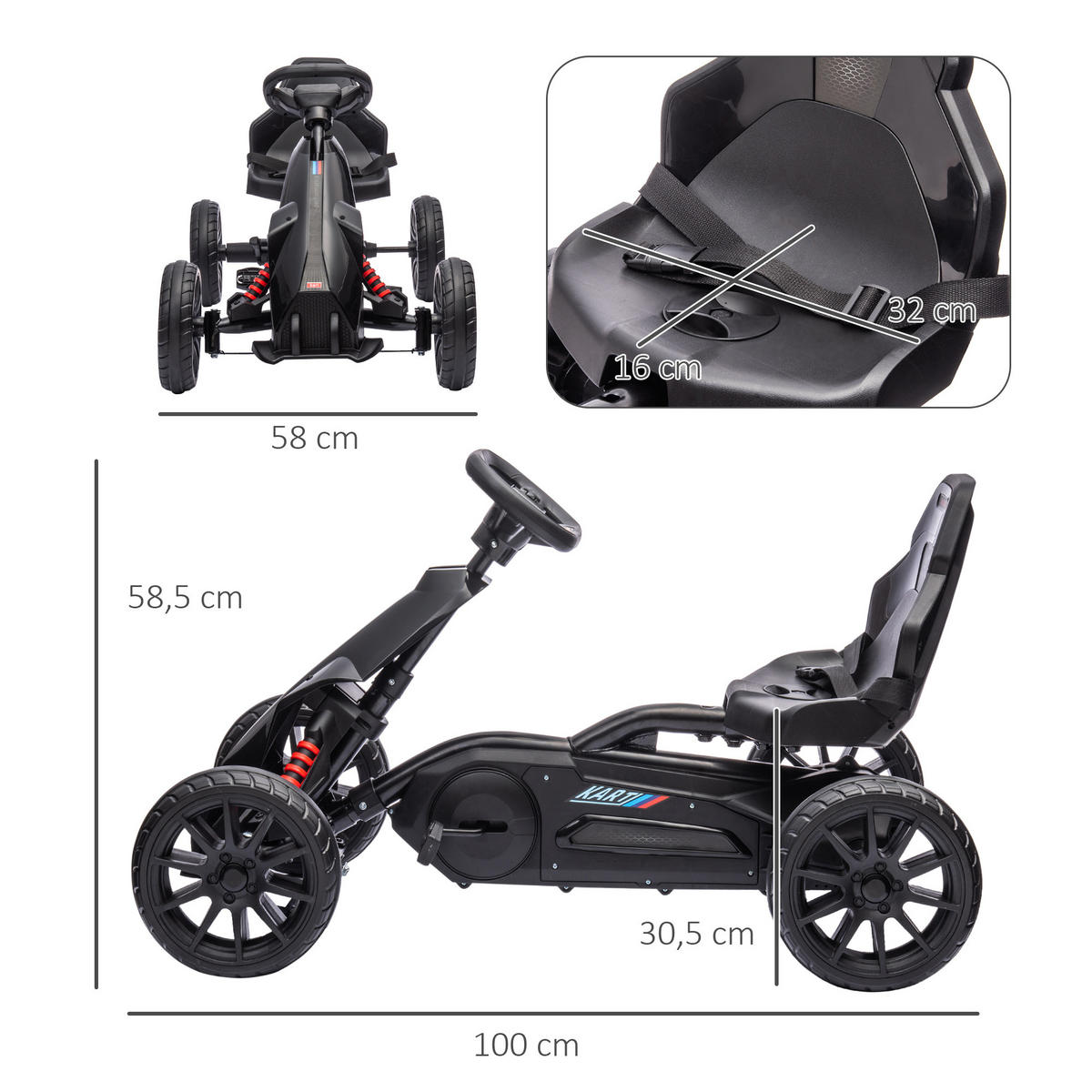 KINDER GO KART TRETAUTO, Schwarz, Kunststoff, Metall - Schwarz, Kunststoff (100/58/58.5cm) - HOMCOM