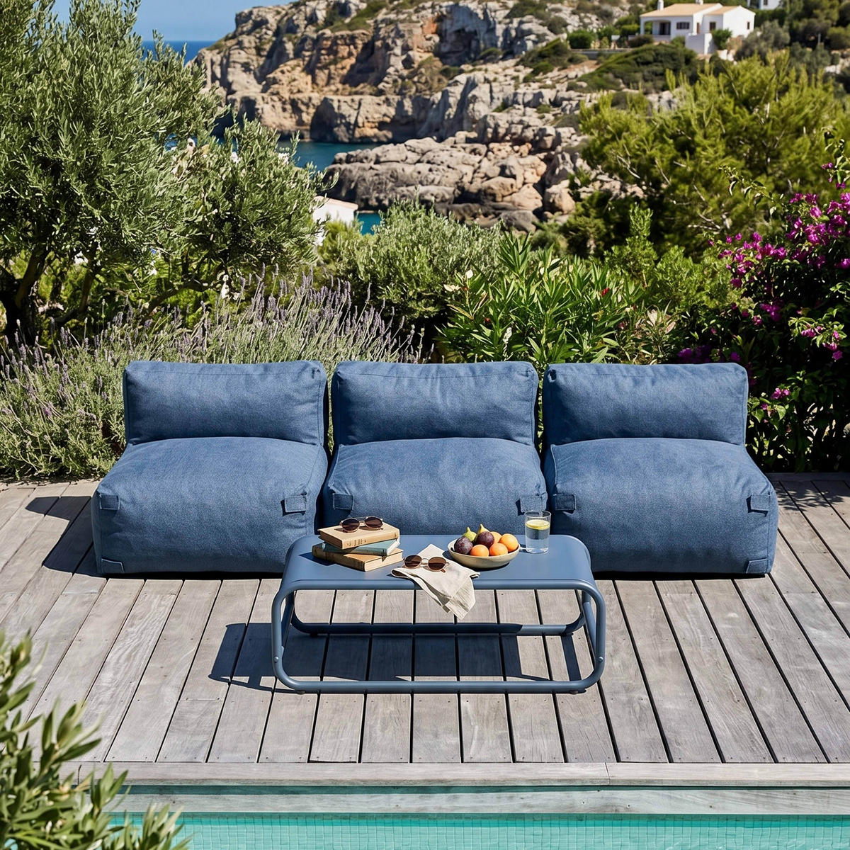 GARTENSOFA mit 3 Sitzplätzen, Pazifikblau - Blau, Textil - Oviala
