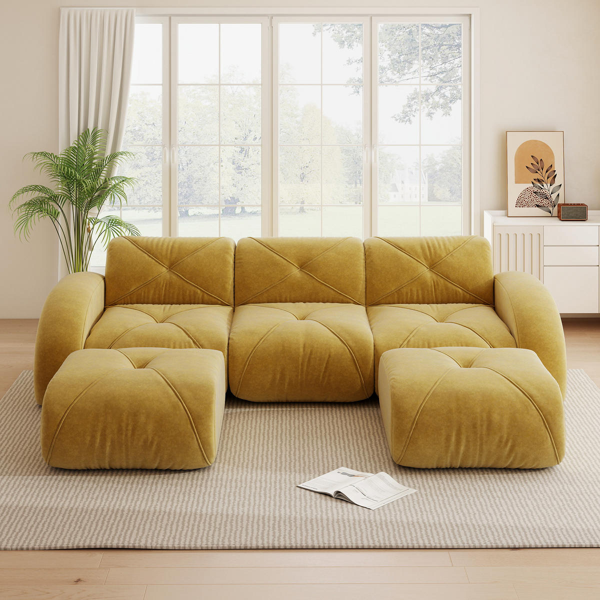 3-SITZER Sofa 281x171x76 cm aus Chenille-Stoff rahmenlos modular mit 2 Hockern, gelb - Gelb, Textil (171/76/281cm)