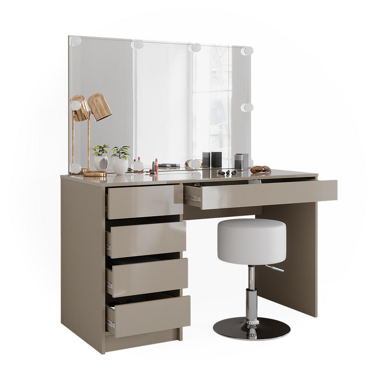 SCHMINKTISCH Sherry Greige 120 cm mit LED Beleuchtung und Hocker - Greige, Holzwerkstoff (120/75/55cm) - Vicco