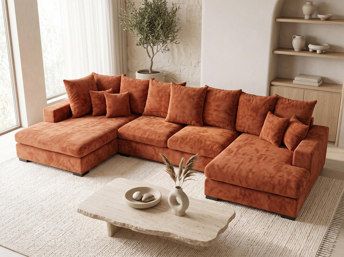 WOHNLANDSCHAFT Dahlia mit Schlaffunktion und Bettkasten in U-Form - Terrakotta Chenille 373/92/155 cm - Terracotta/Schwarz, Kunststoff/Textil (373/92/155cm) - WFL GROUP