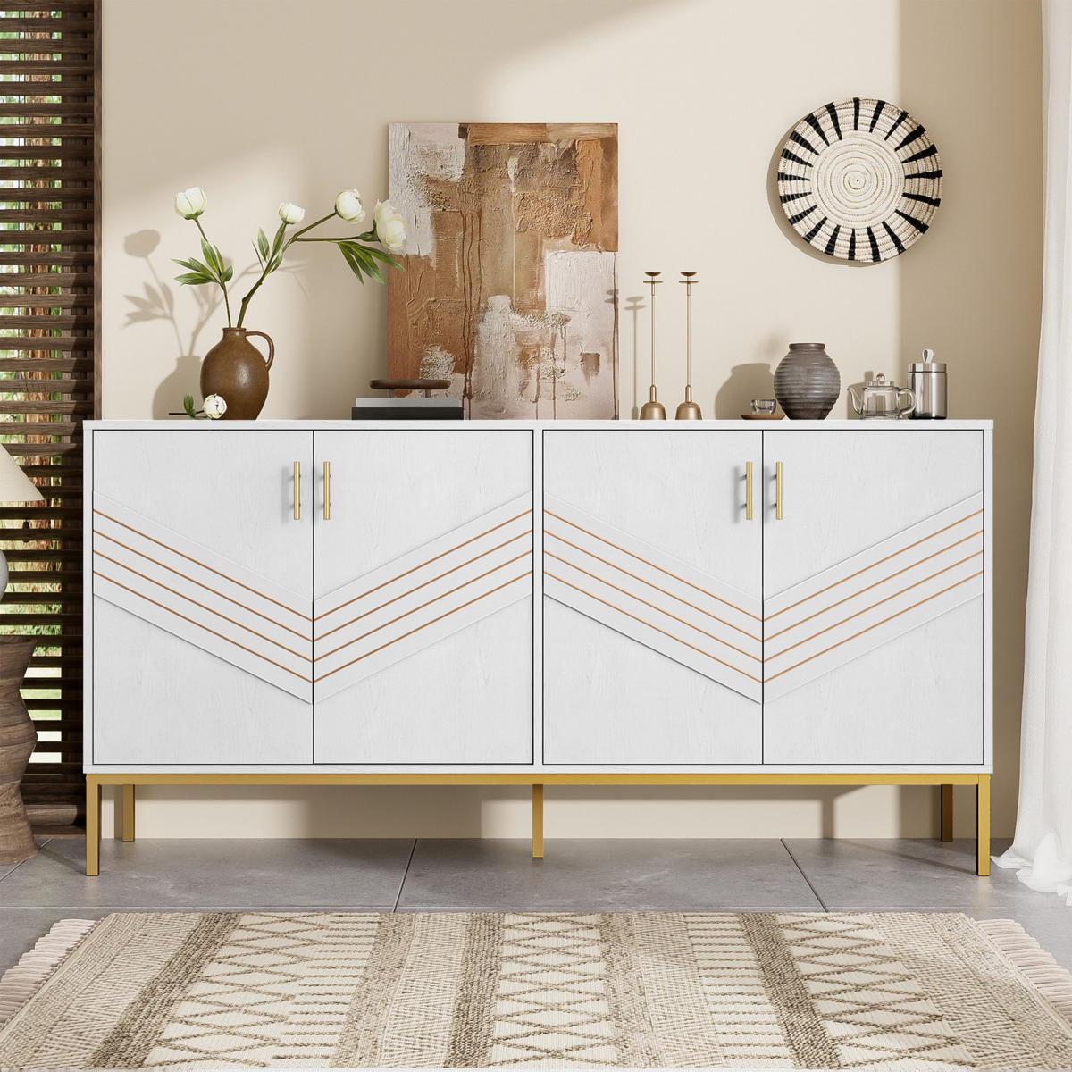 SIDEBOARD Weiß-Gold, 4 Türen, MDF, für Wohnraum - Weiß, Holz (160/80/40cm)