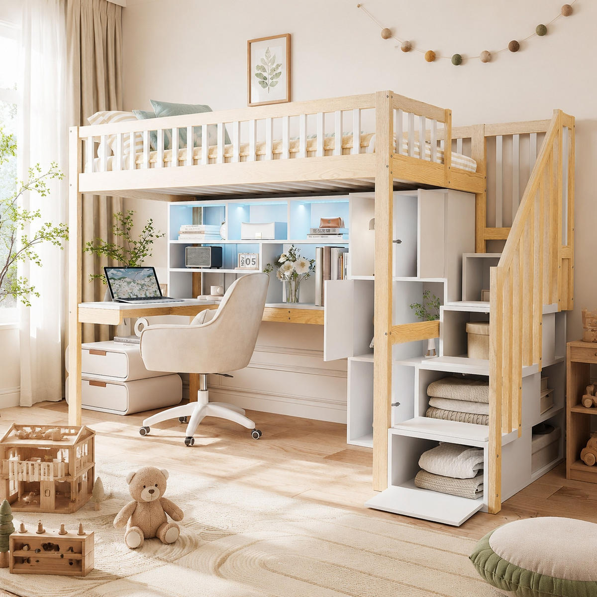 HOCHBETT 90/200 mit LED, Schreibtisch, Regalen und Ablageleiter in Weiß+Natur - Naturfarben, Holz (90/200cm) - EVRYAE