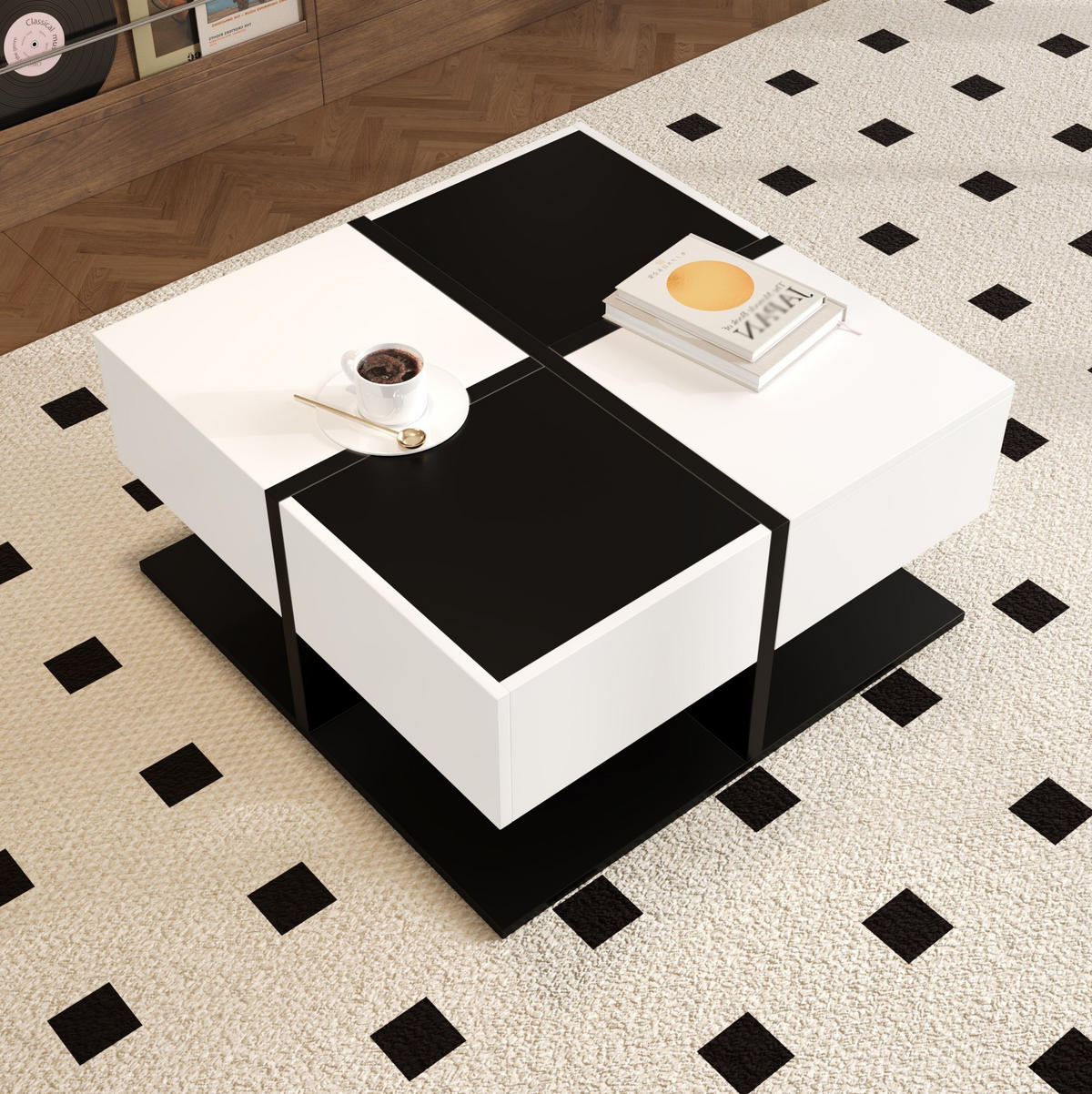 COUCHTISCH 70/70/35.5 cm Schwarz und Weiß aus Spanplatte mit 2 Schubladen - Schwarz, Holzwerkstoff (70/70/35.5cm) - OKMYHOME