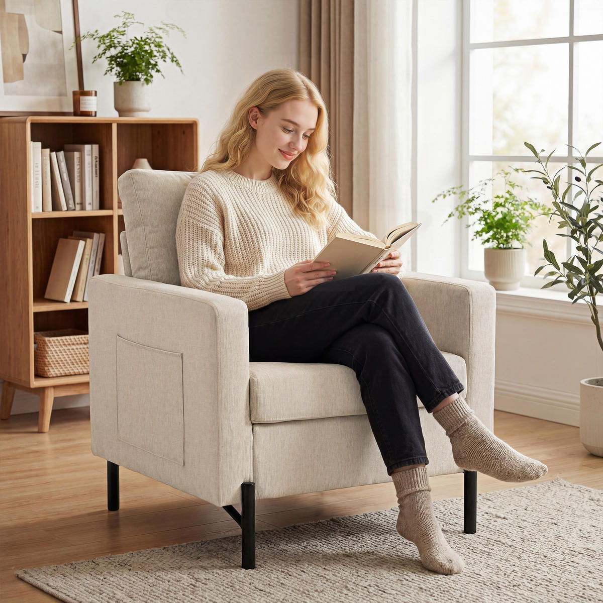 SESSEL DE-13514 mit Armlehnen, breite Sitzfläche Beige - Beige, Metall (73/87/77cm) - ComfortXL