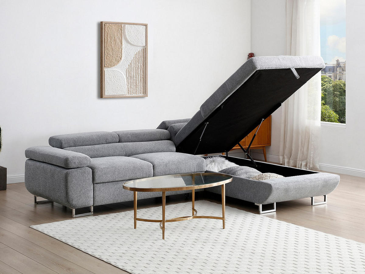 ECKSOFA mit Schlaffunktion - Ecke rechts - Strukturstoff - Grau - NURAZIO - Grau, Textil (268/202cm) - Vente-Unique