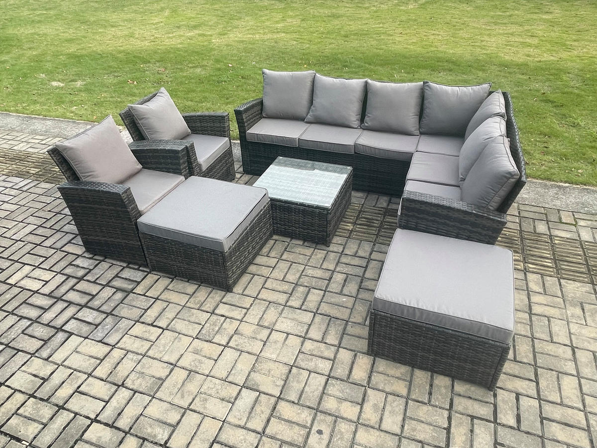 LOUNGEGARNITUR mit Couchtisch Sofa Polyrattan Dunkelgrau 10-Sitzer - Dunkelgrau/Grau, Glas/Kunststoff - Fimous