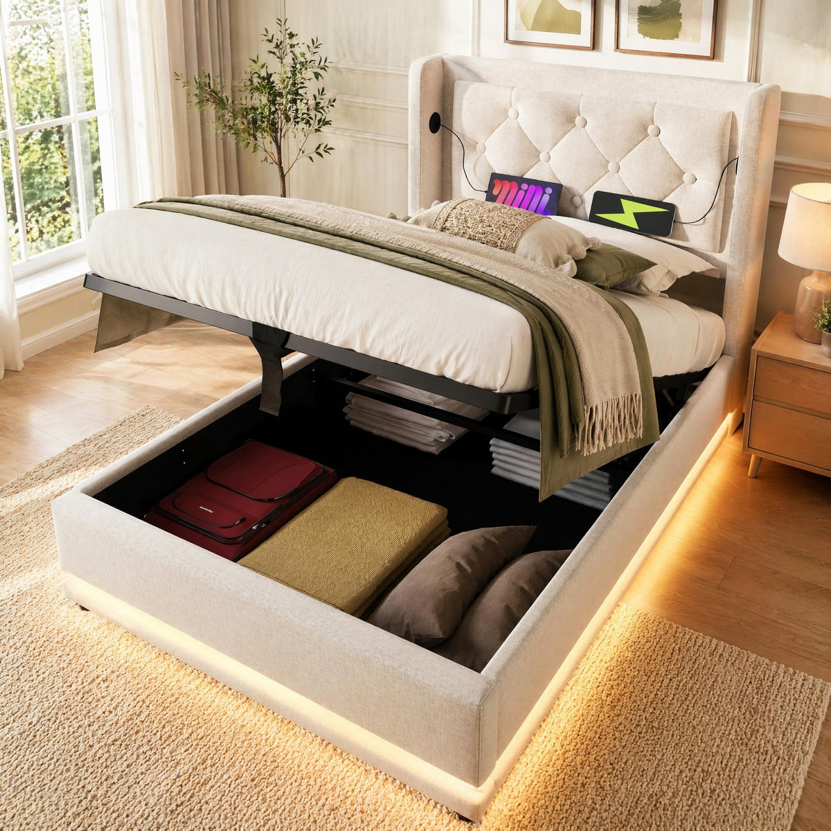 POLSTERBETT 90/200 mit LED, hydraulischem Stauraum und USB Type-C in Beige - Beige, Holzwerkstoff/Textil (90/200cm) - EVRYAE