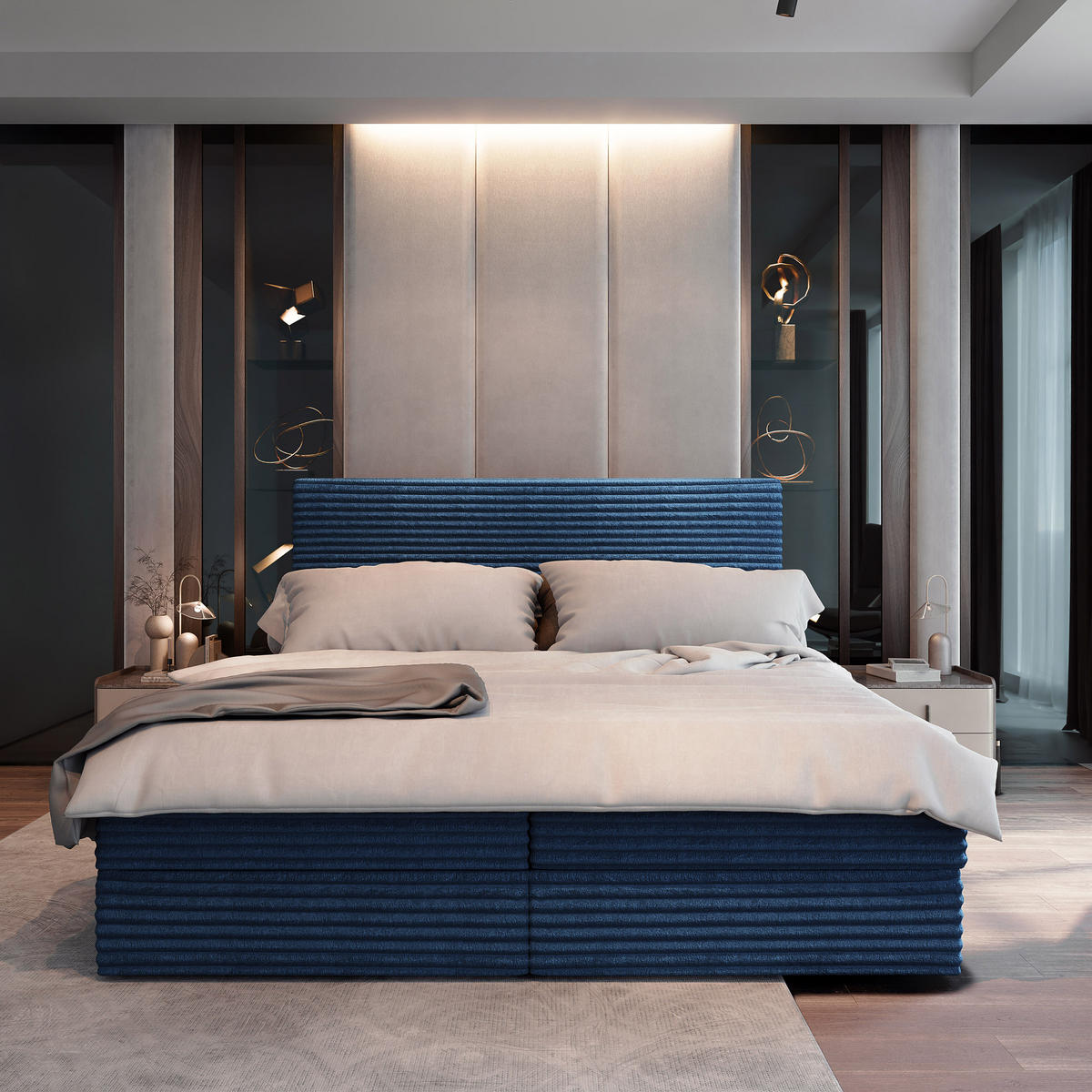 BOXBETT PISA 200x200 cm mit Matratze und Topper, H2+H3 - Blau - Blau, Holz (200/200cm) - MASSENO
