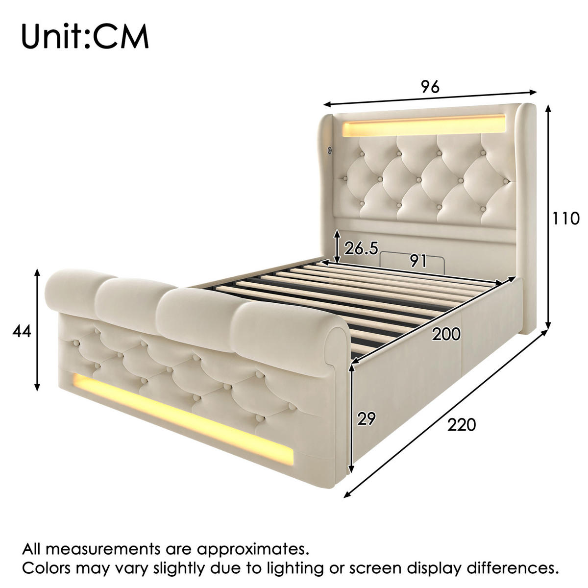 POLSTERBETT 90/200 cm in Beige mit LED-Beleuchtung und USB- und Type-C-Anschlüssen - Beige, Textil (90/200cm) - Flora Grace