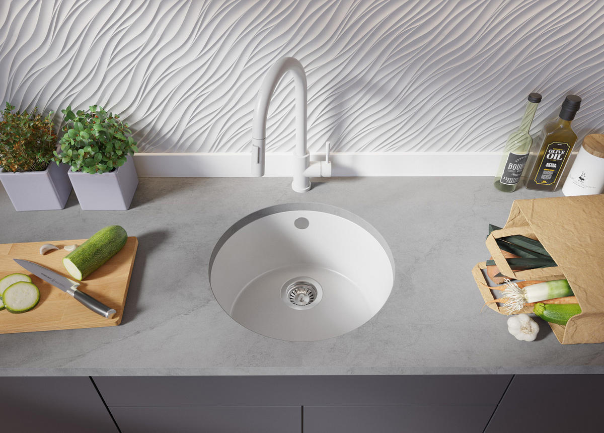 UNTERBAUSPÜLE GRANIT Valletta, 2-er set Alles Weiß 46/46 cm 1 Becken + Küchenarmatur 32/20 cm + Ablauf-Set ab 50er Unterschrank - Weiß, Kunststoff (46/20/46cm) - Primagran